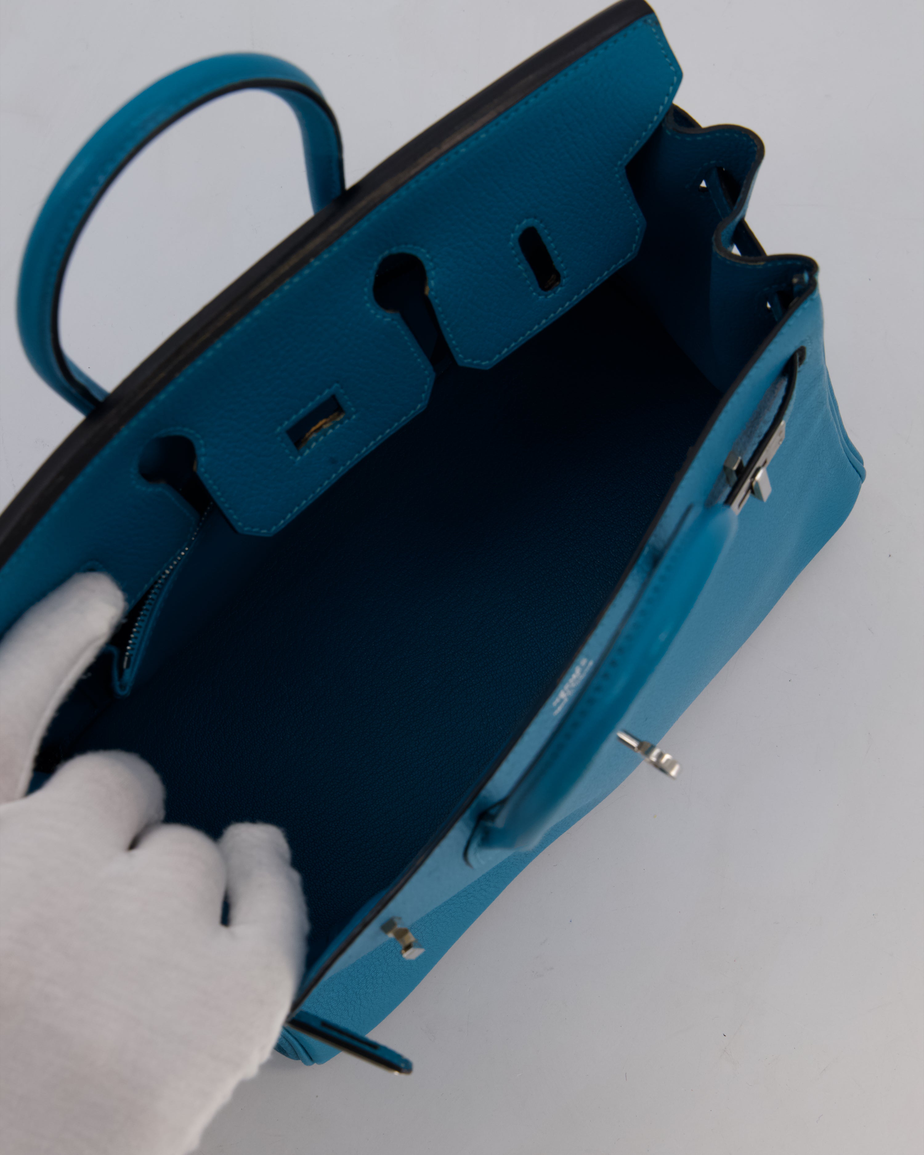 Hermès Birkin 25 Retourne Bag in Bleu Saint Cyr Chèvre Mysore Leather with Palladium Hardware