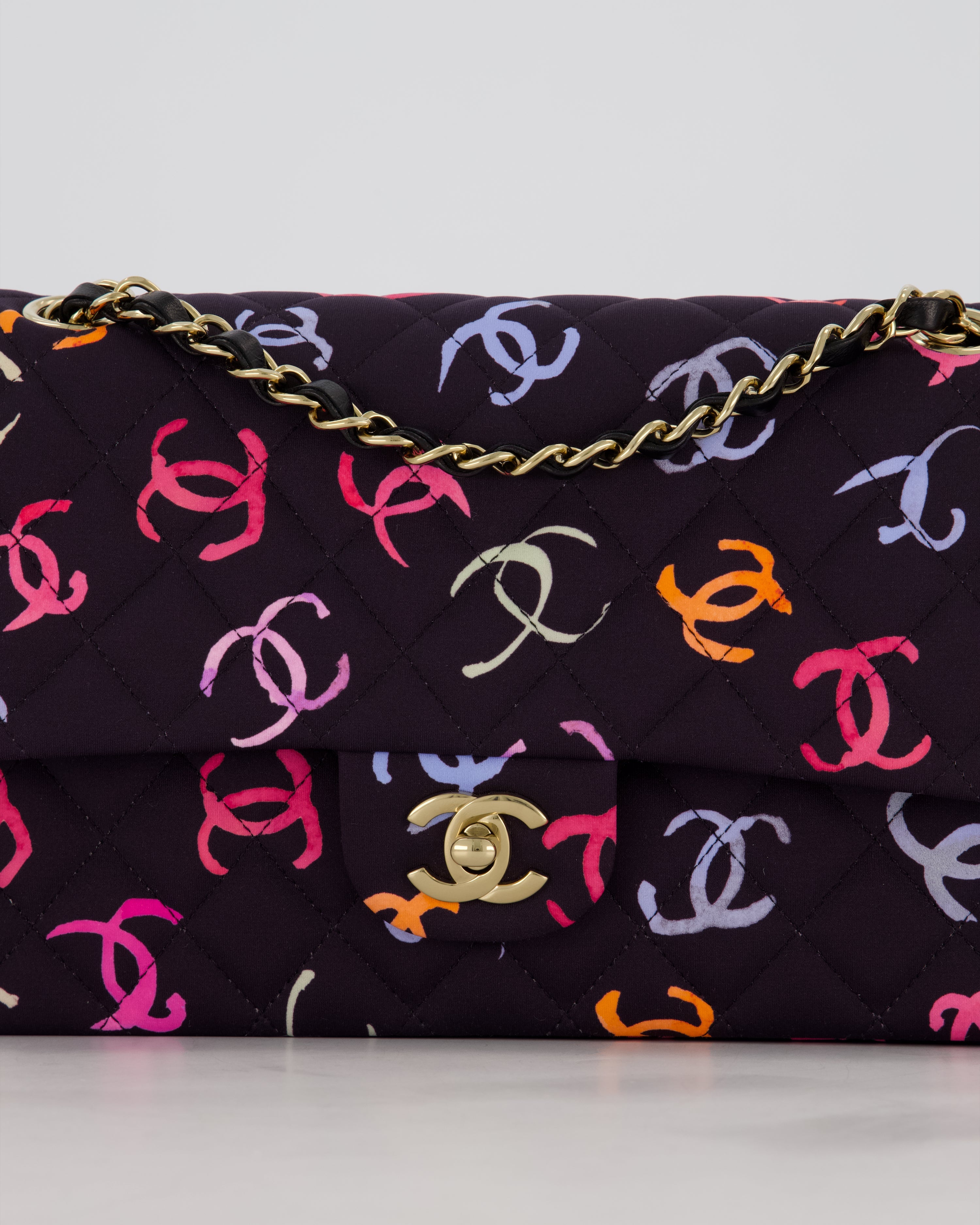 Chanel 24S Black Quilted Medium Classic Double Flap Bag in Jersey with Multicolour CC Details and Champagne Gold Hardware