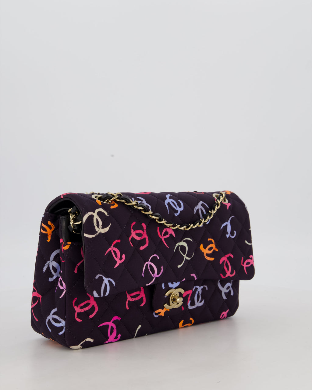 Chanel 24S Black Quilted Medium Classic Double Flap Bag in Jersey with Multicolour CC Details and Champagne Gold Hardware
