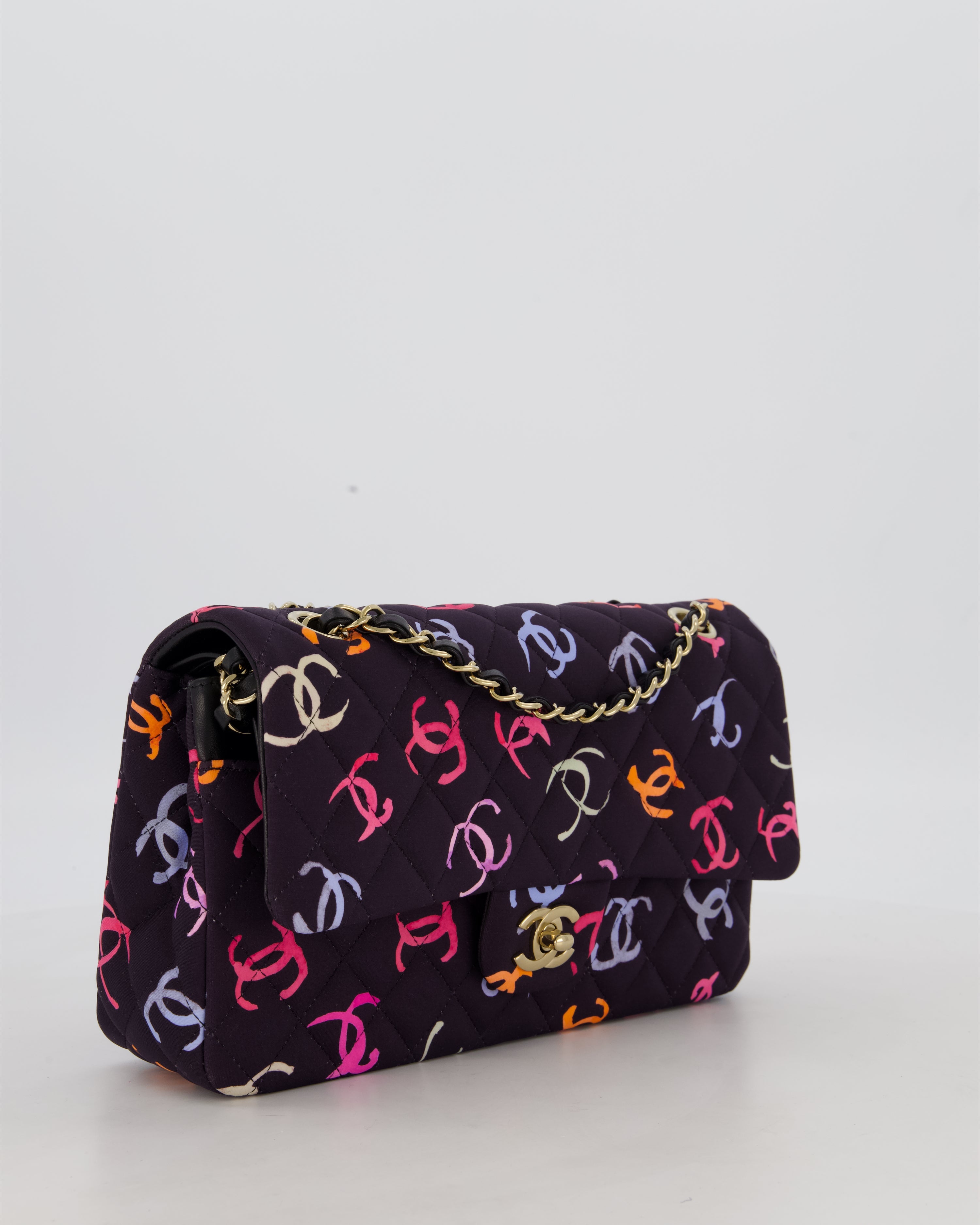 Chanel 24S Black Quilted Medium Classic Double Flap Bag in Jersey with Multicolour CC Details and Champagne Gold Hardware