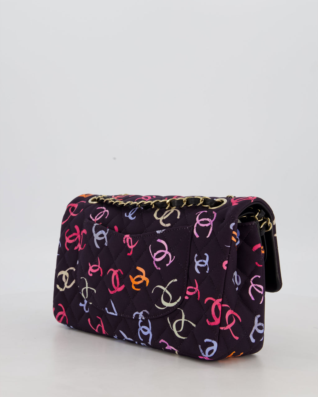 Chanel 24S Black Quilted Medium Classic Double Flap Bag in Jersey with Multicolour CC Details and Champagne Gold Hardware