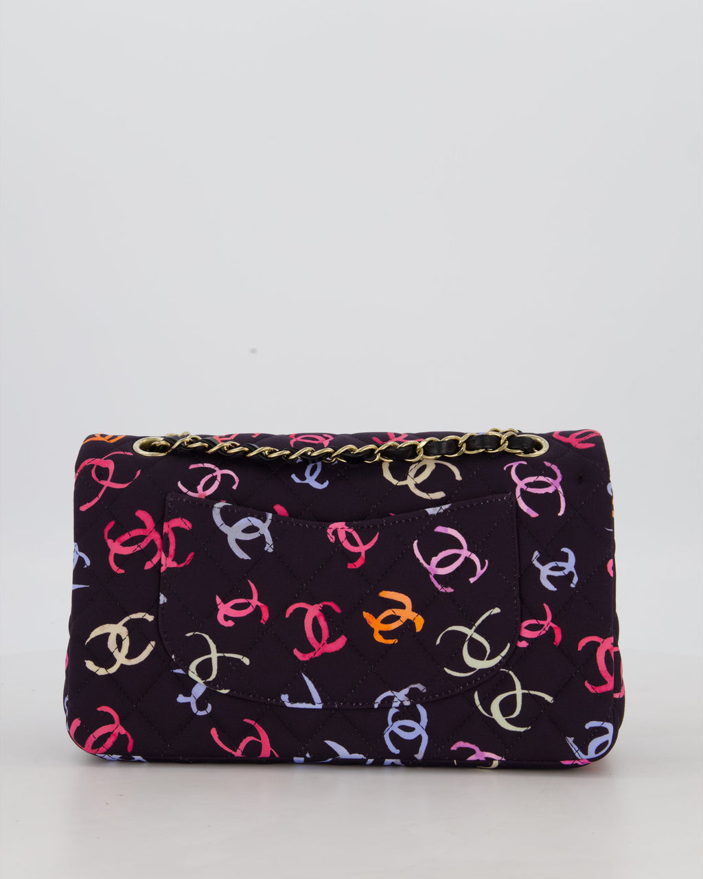 Chanel 24S Black Quilted Medium Classic Double Flap Bag in Jersey with Multicolour CC Details and Champagne Gold Hardware