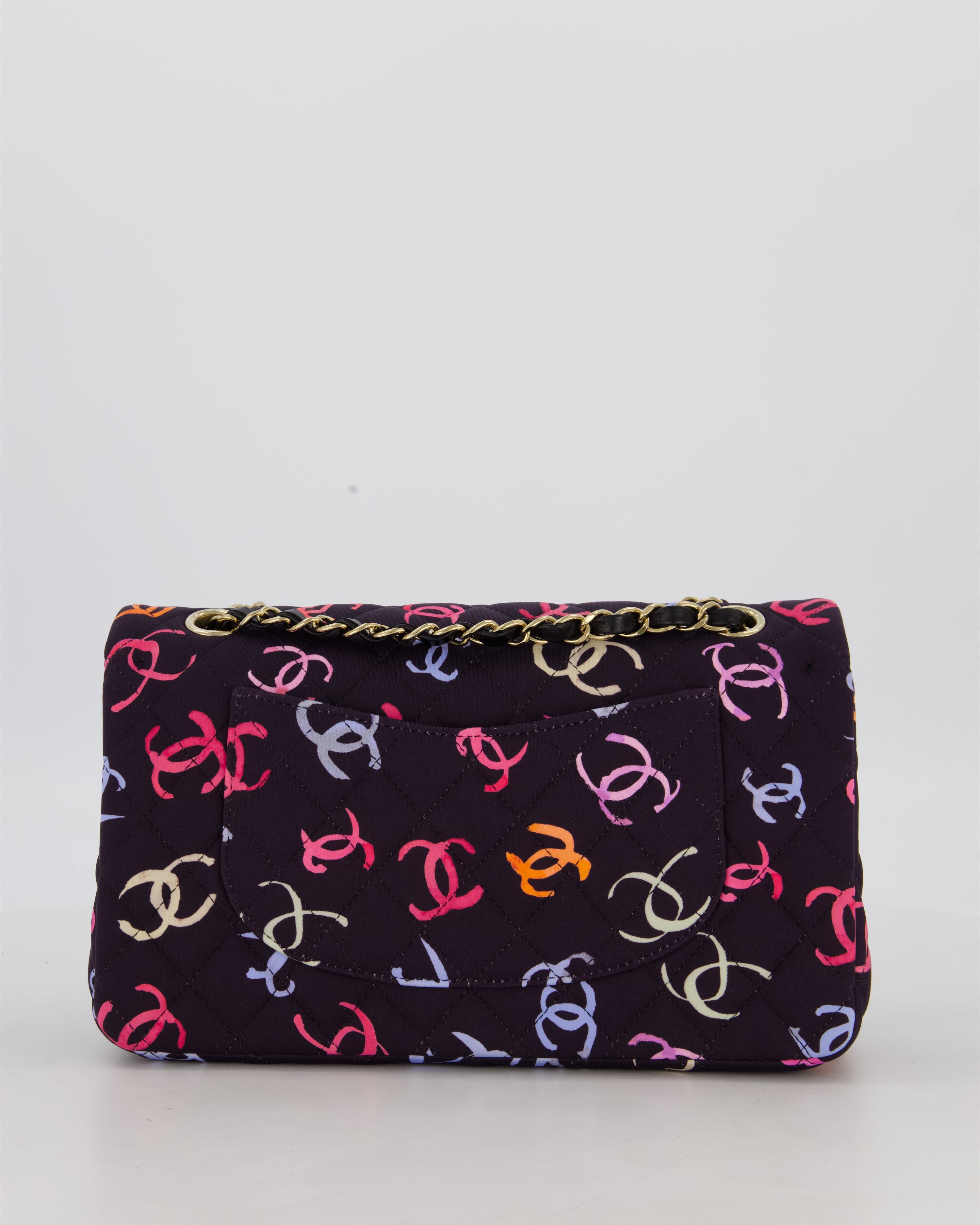 Chanel 24S Black Quilted Medium Classic Double Flap Bag in Jersey with Multicolour CC Details and Champagne Gold Hardware