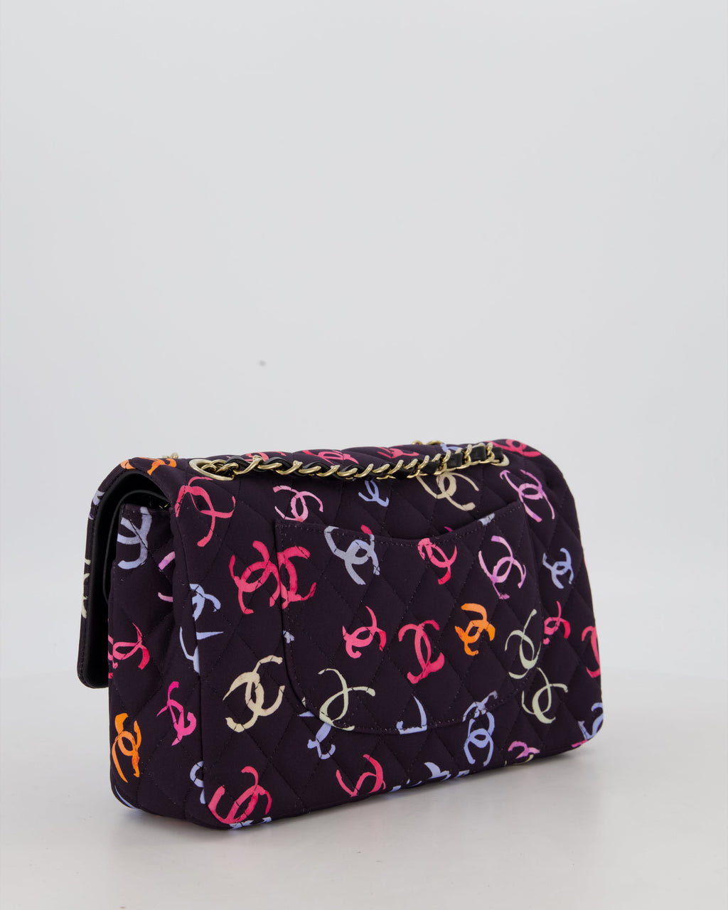 Chanel 24S Black Quilted Medium Classic Double Flap Bag in Jersey with Multicolour CC Details and Champagne Gold Hardware
