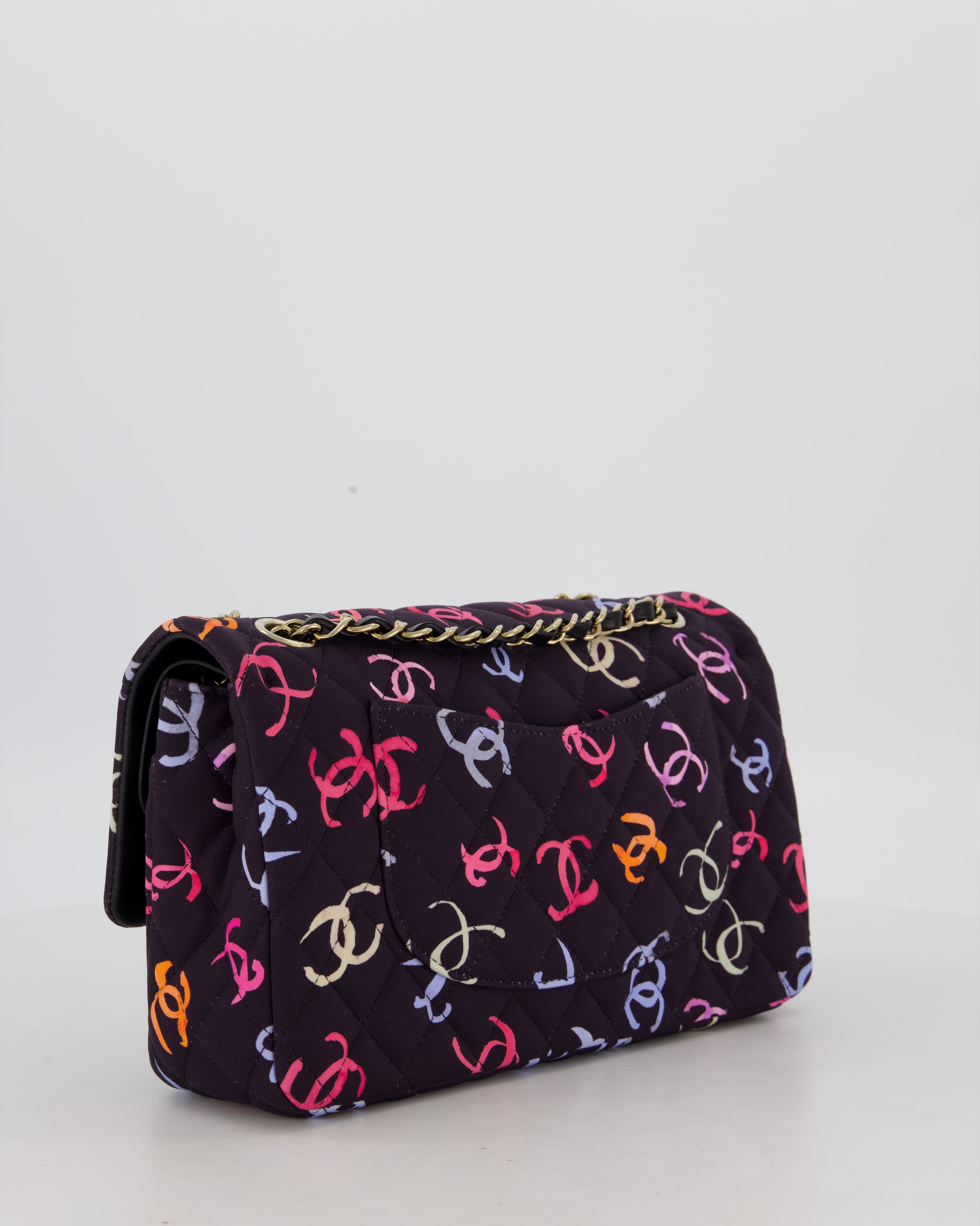 Chanel 24S Black Quilted Medium Classic Double Flap Bag in Jersey with Multicolour CC Details and Champagne Gold Hardware
