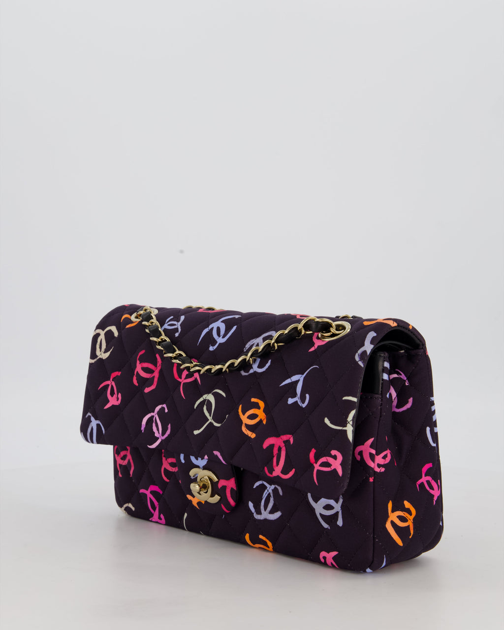 Chanel 24S Black Quilted Medium Classic Double Flap Bag in Jersey with Multicolour CC Details and Champagne Gold Hardware