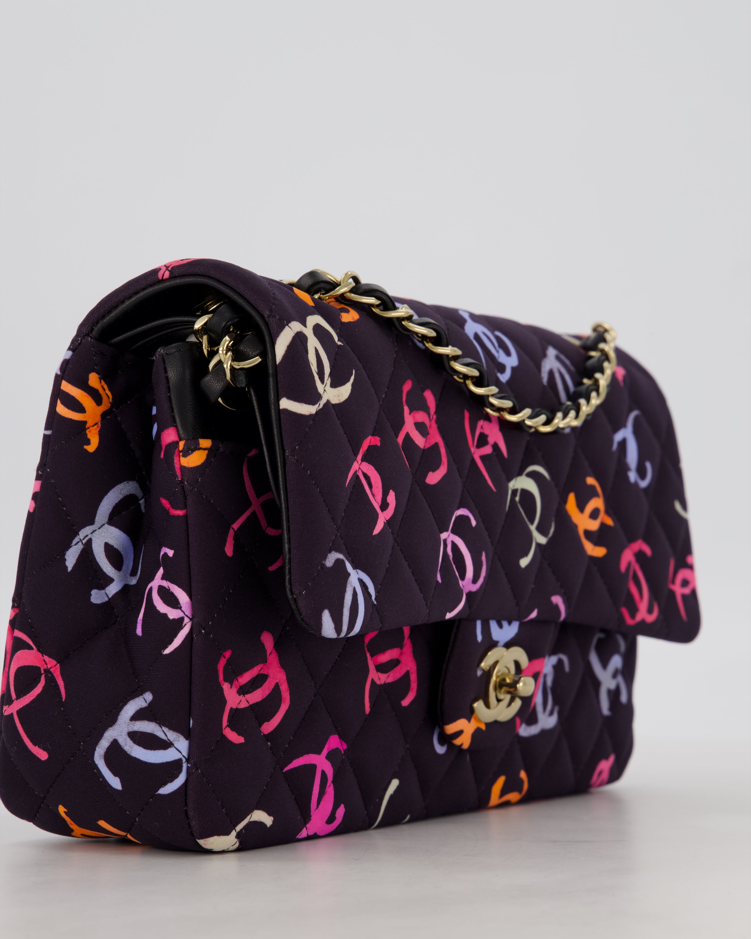 Chanel 24S Black Quilted Medium Classic Double Flap Bag in Jersey with Multicolour CC Details and Champagne Gold Hardware