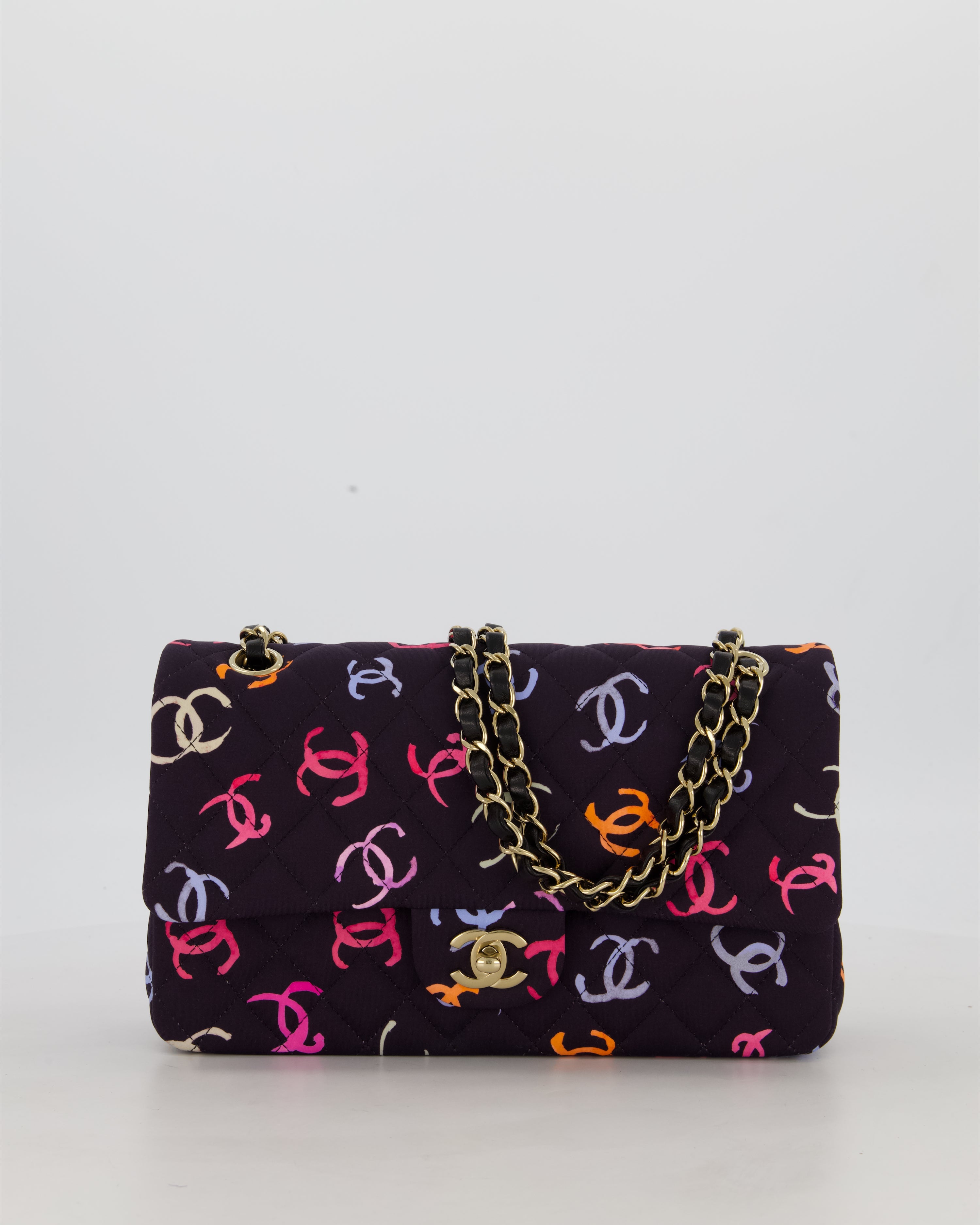 Chanel 24S Black Quilted Medium Classic Double Flap Bag in Jersey with Multicolour CC Details and Champagne Gold Hardware