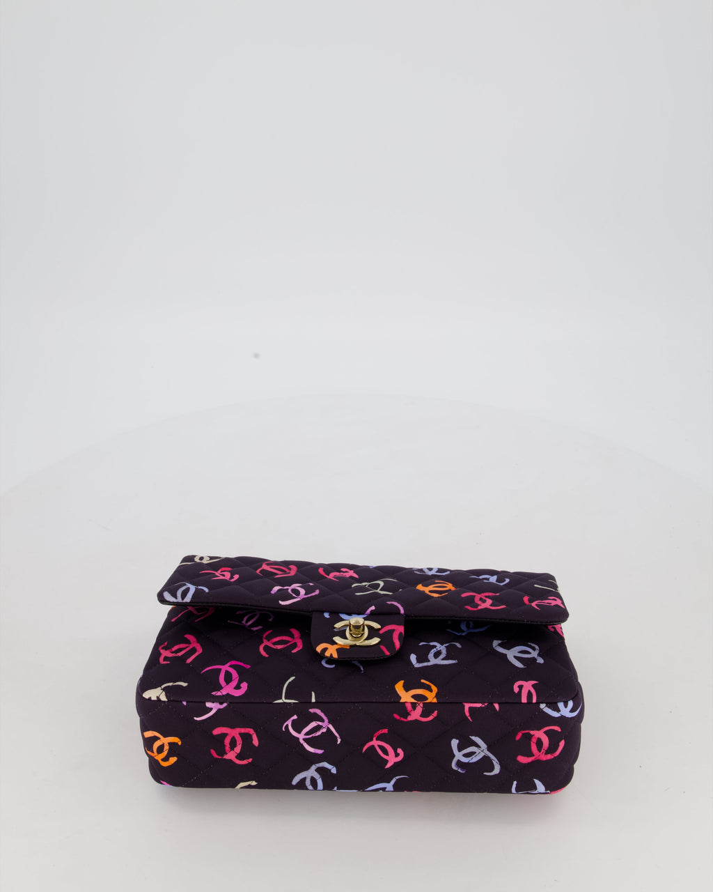 Chanel 24S Black Quilted Medium Classic Double Flap Bag in Jersey with Multicolour CC Details and Champagne Gold Hardware