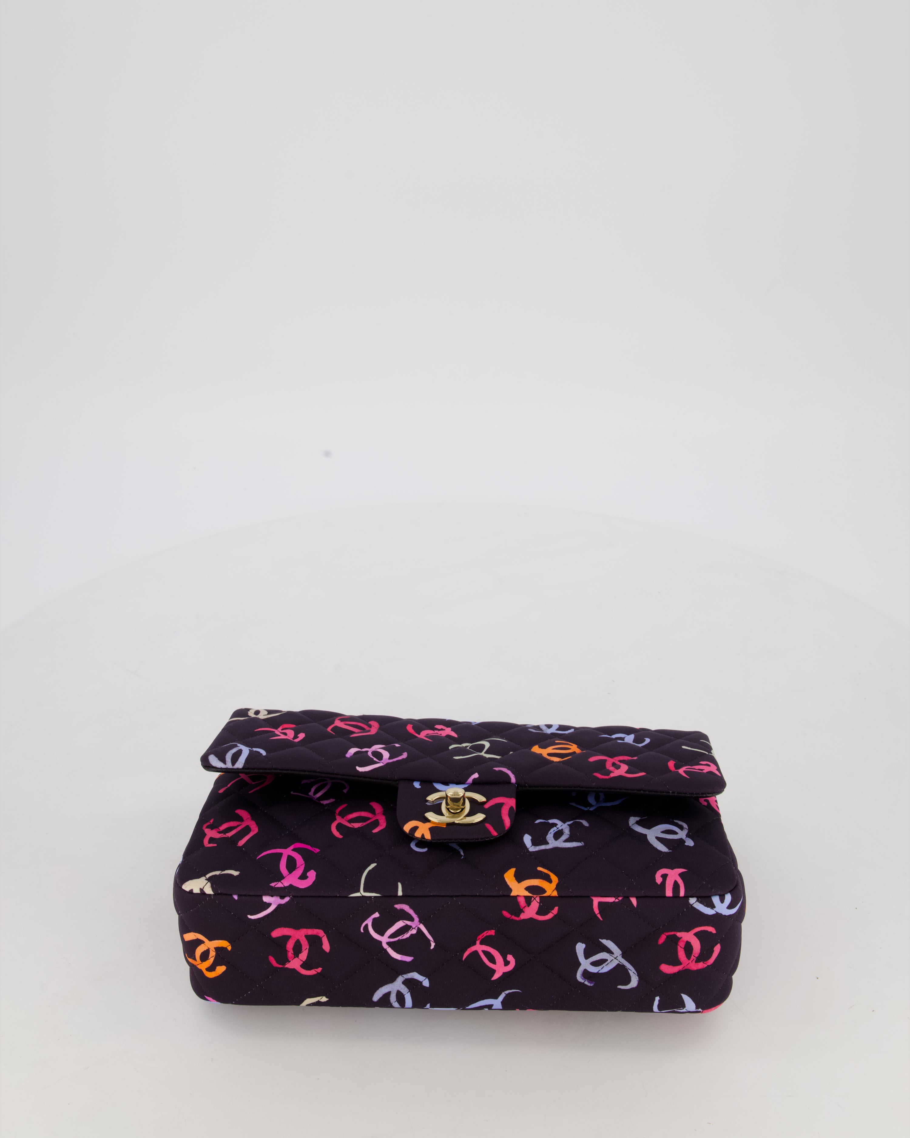 Chanel 24S Black Quilted Medium Classic Double Flap Bag in Jersey with Multicolour CC Details and Champagne Gold Hardware