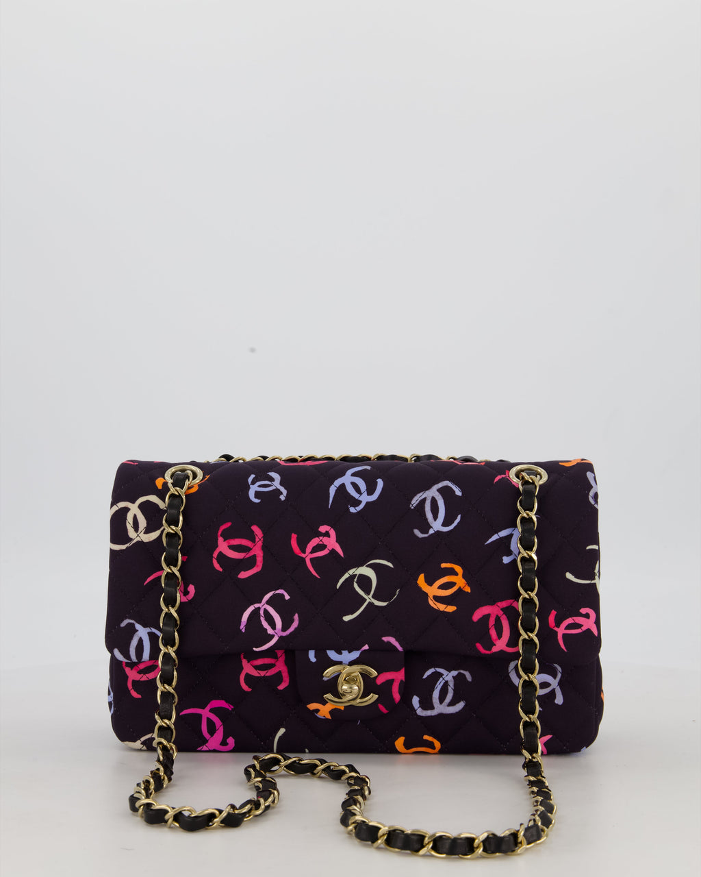 Chanel 24S Black Quilted Medium Classic Double Flap Bag in Jersey with Multicolour CC Details and Champagne Gold Hardware
