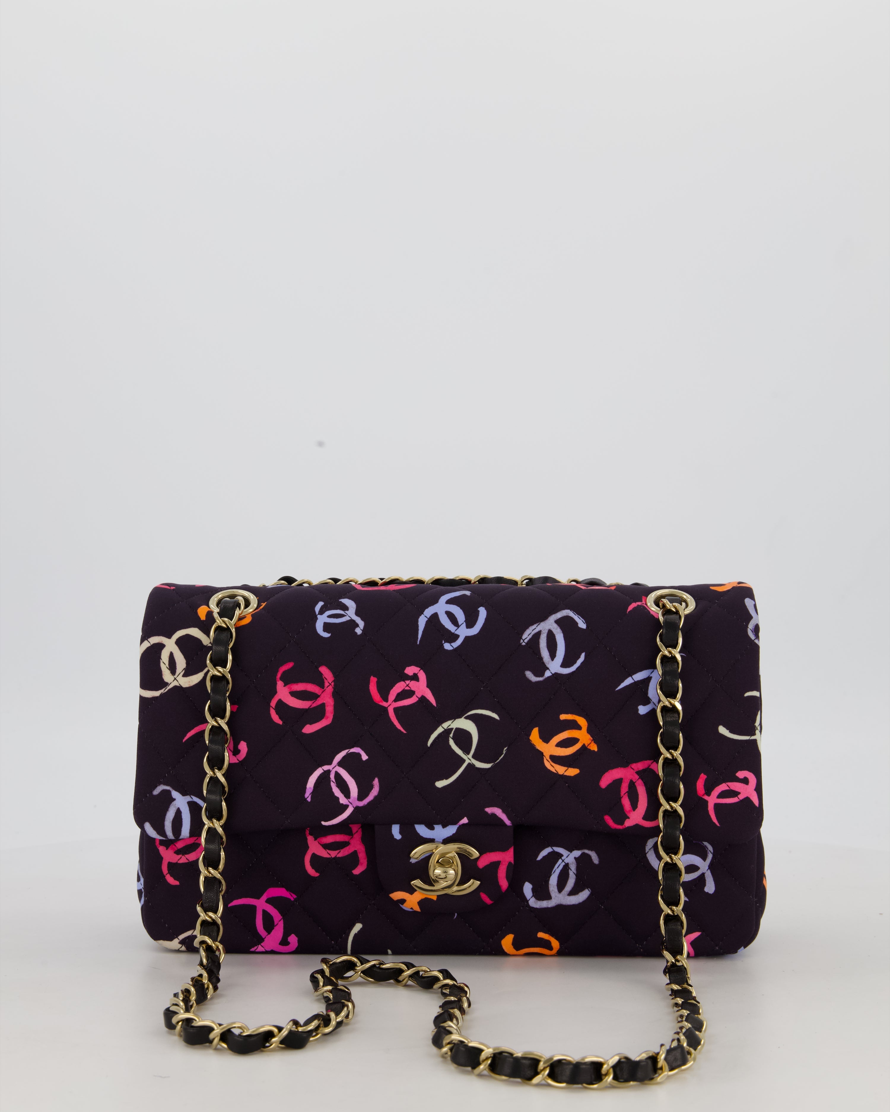 Chanel 24S Black Quilted Medium Classic Double Flap Bag in Jersey with Multicolour CC Details and Champagne Gold Hardware