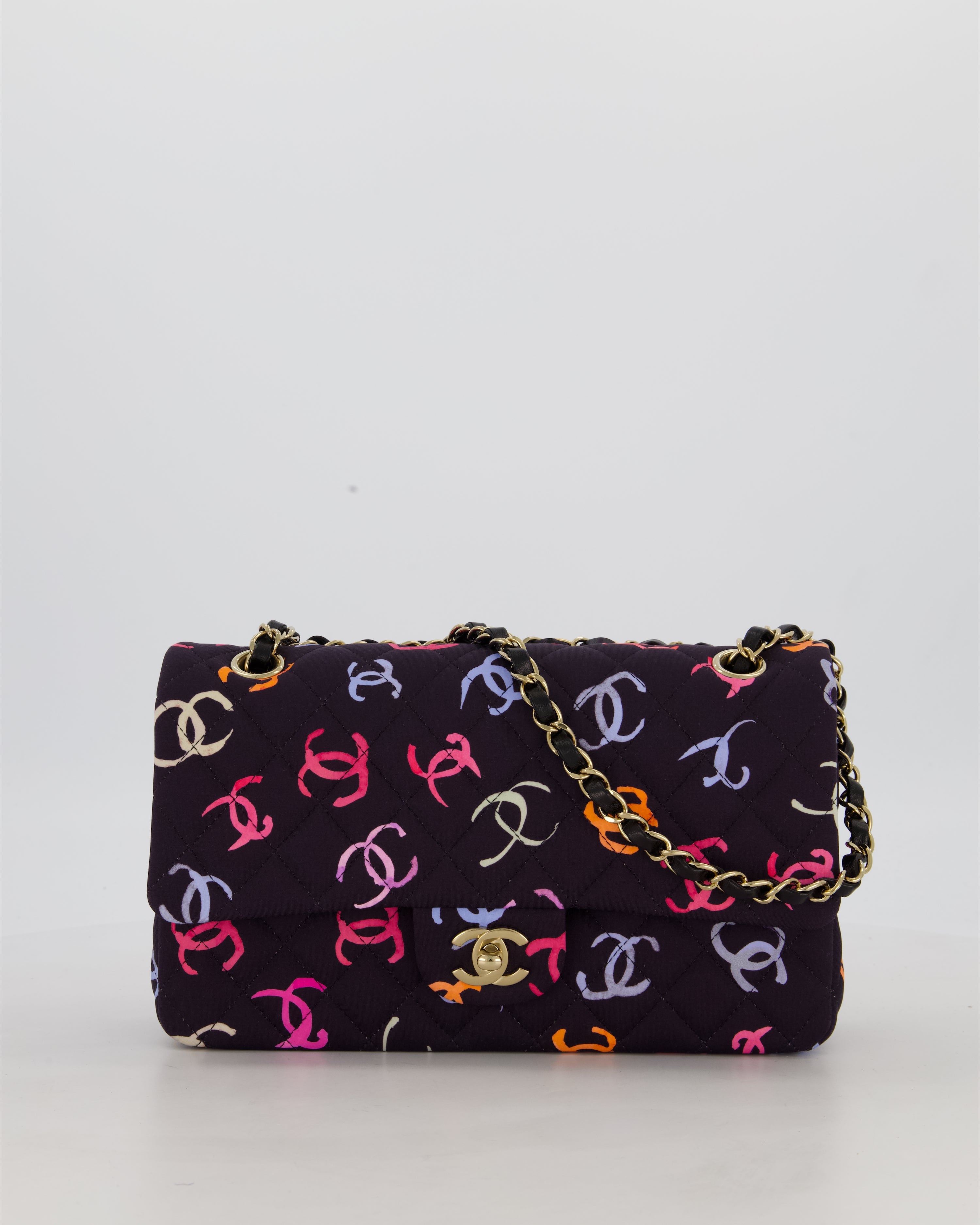 Chanel 24S Black Quilted Medium Classic Double Flap Bag in Jersey with Multicolour CC Details and Champagne Gold Hardware