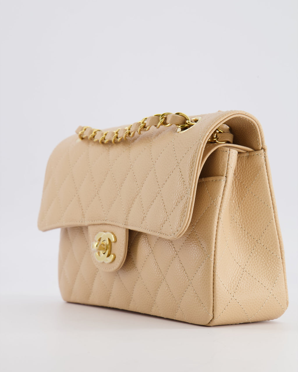 Chanel Small Classic Double Flap Bag in Beige Caviar Leather with Champagne Gold Hardware
