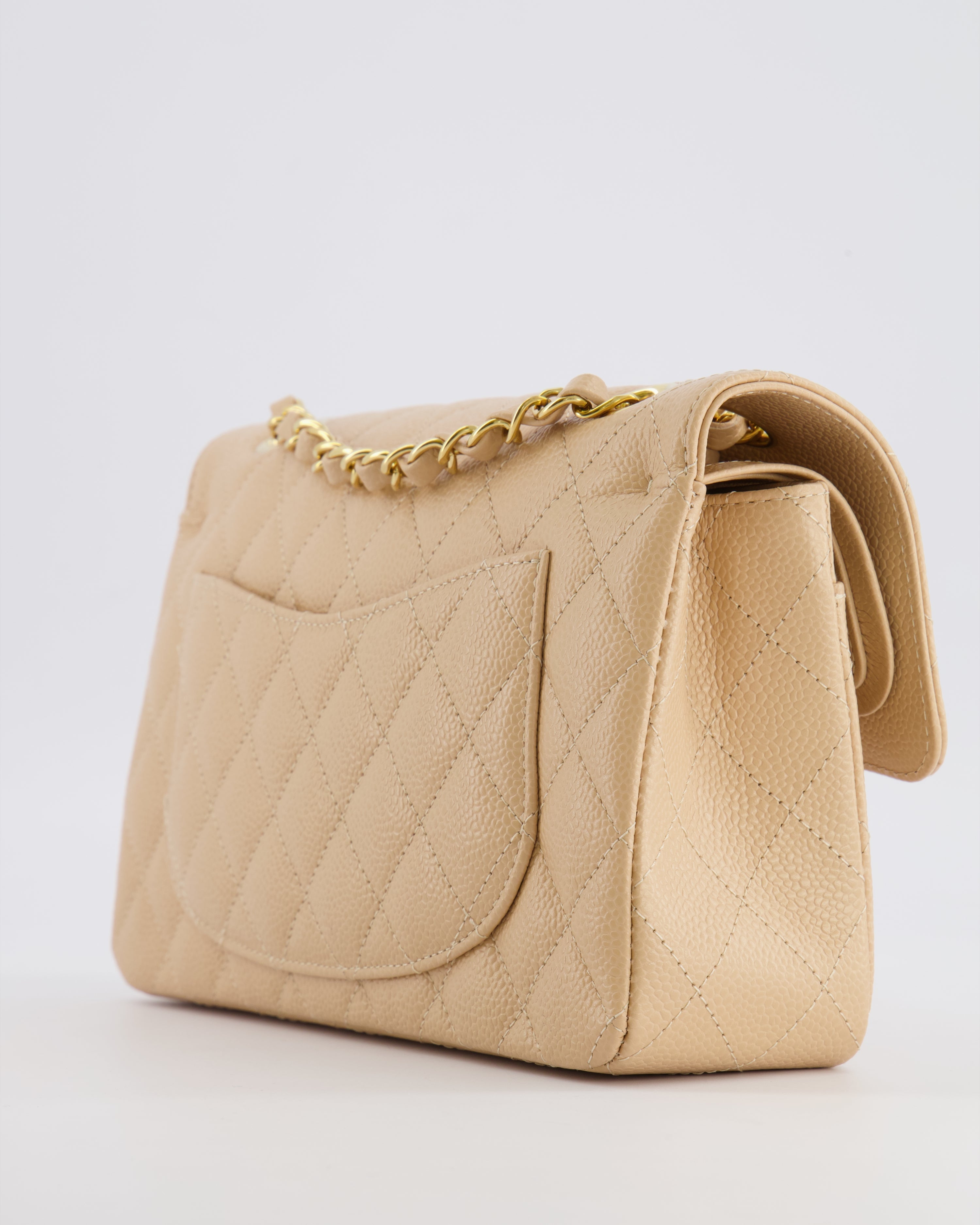 Chanel Small Classic Double Flap Bag in Beige Caviar Leather with Champagne Gold Hardware