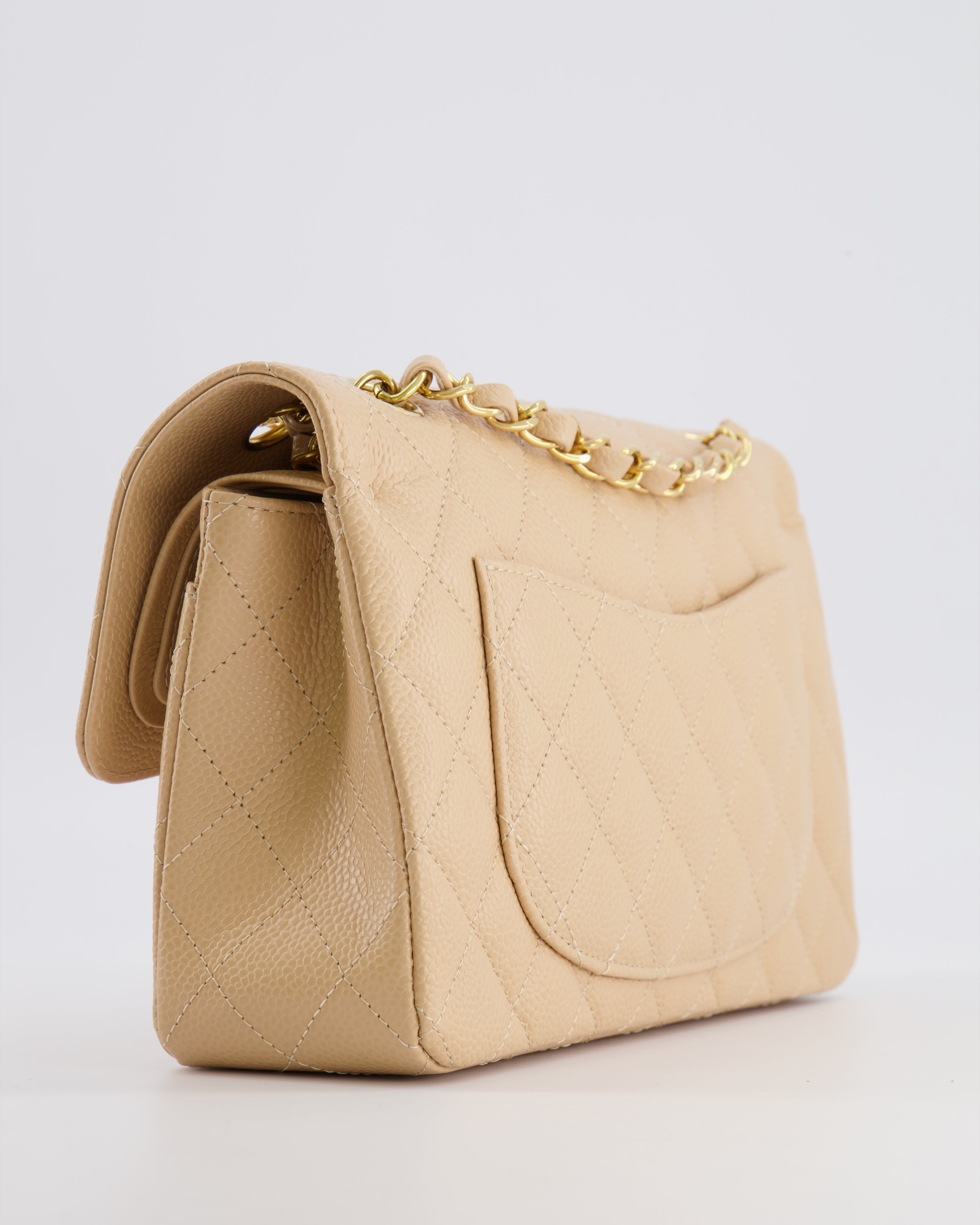 Chanel Small Classic Double Flap Bag in Beige Caviar Leather with Champagne Gold Hardware