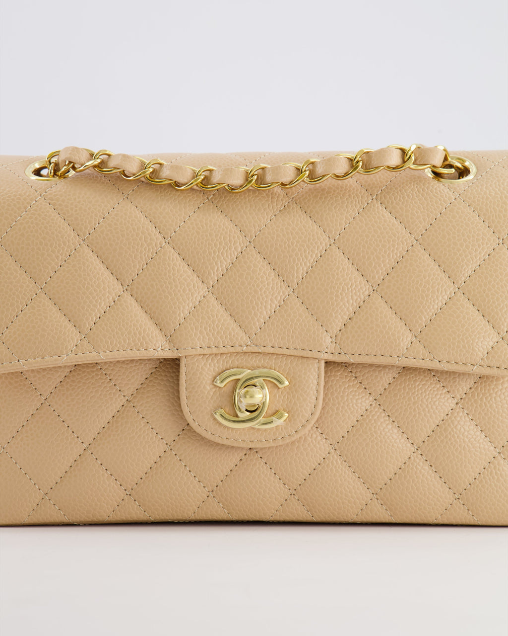 Chanel Small Classic Double Flap Bag in Beige Caviar Leather with Champagne Gold Hardware