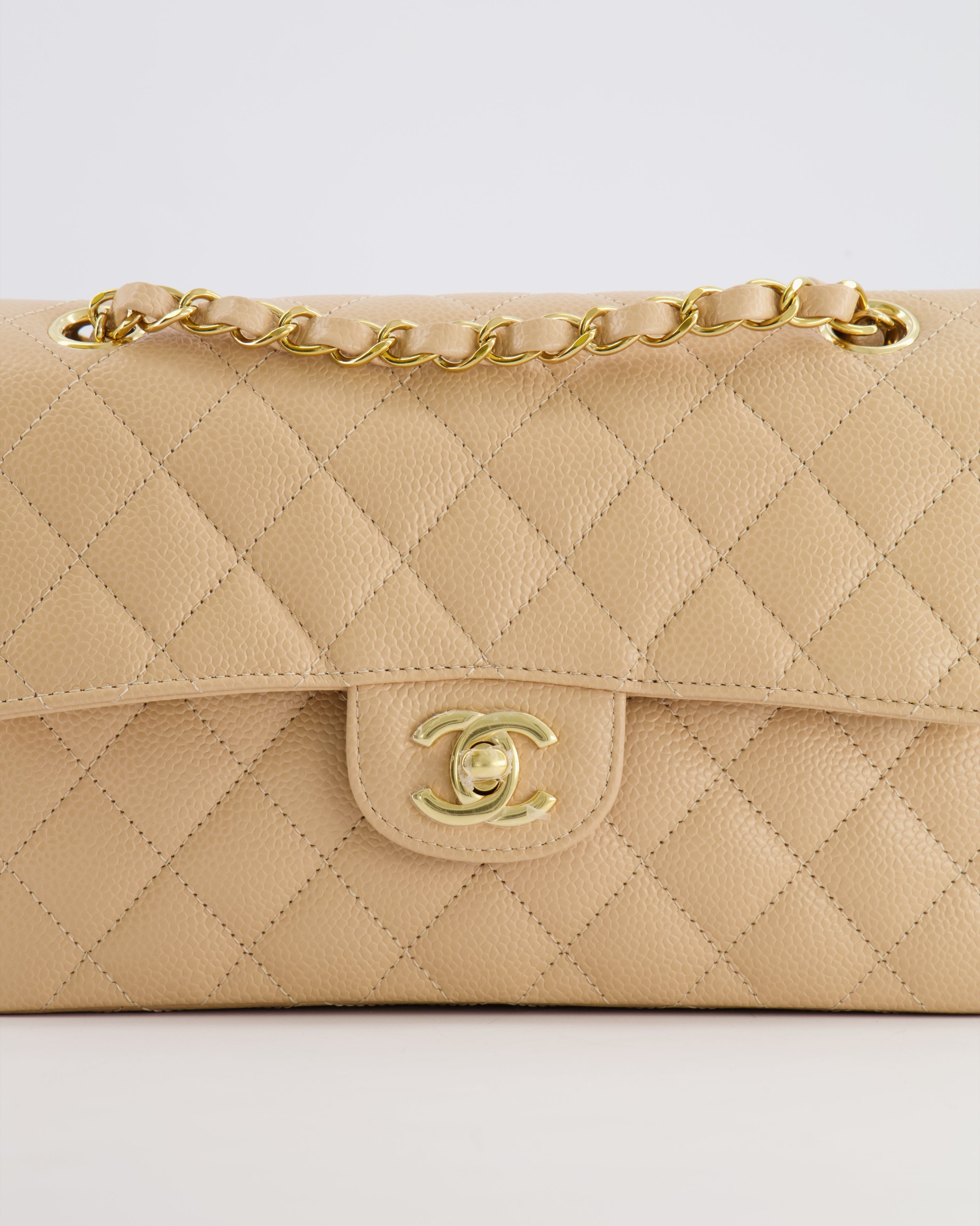 Chanel Small Classic Double Flap Bag in Beige Caviar Leather with Champagne Gold Hardware
