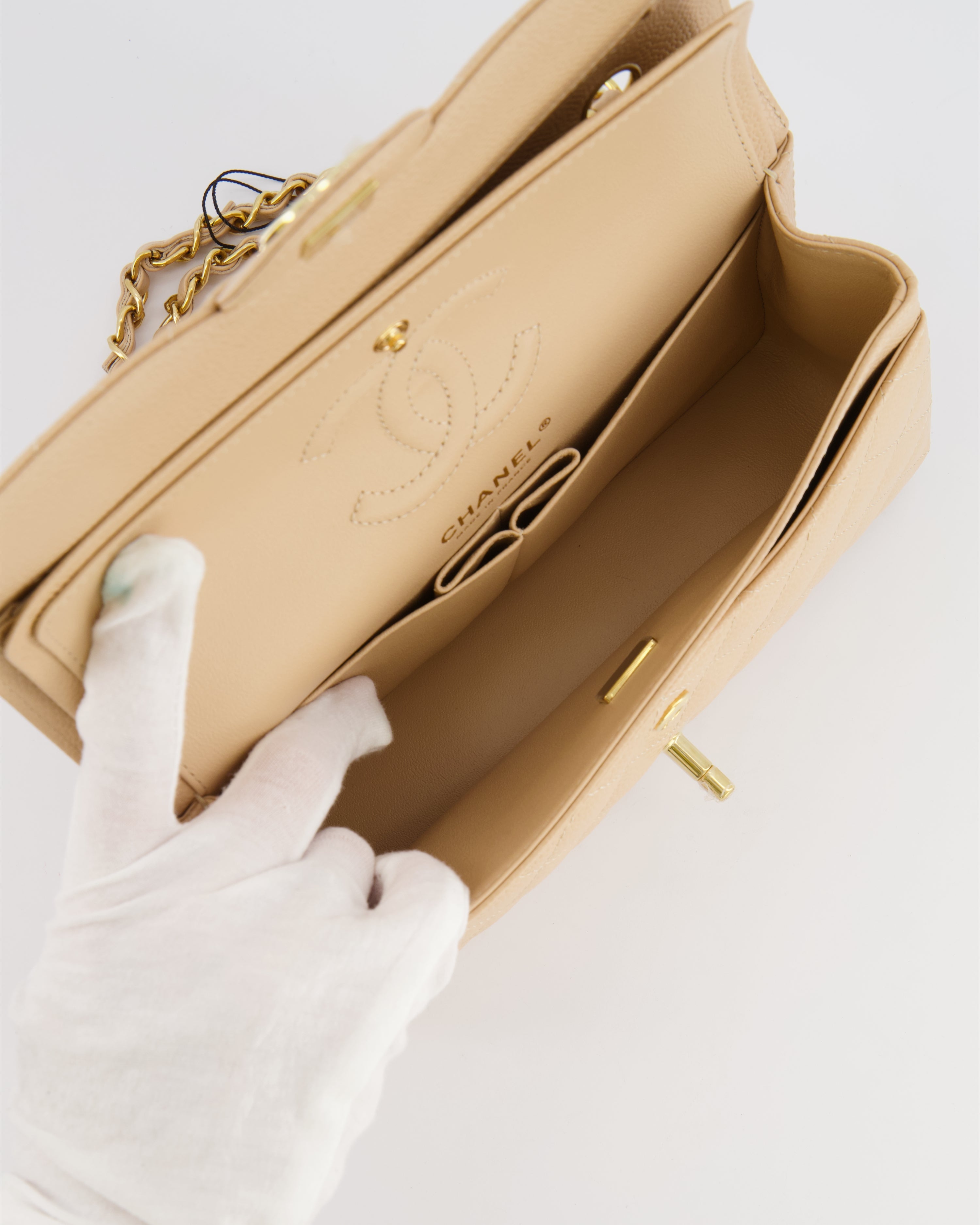 Chanel Small Classic Double Flap Bag in Beige Caviar Leather with Champagne Gold Hardware