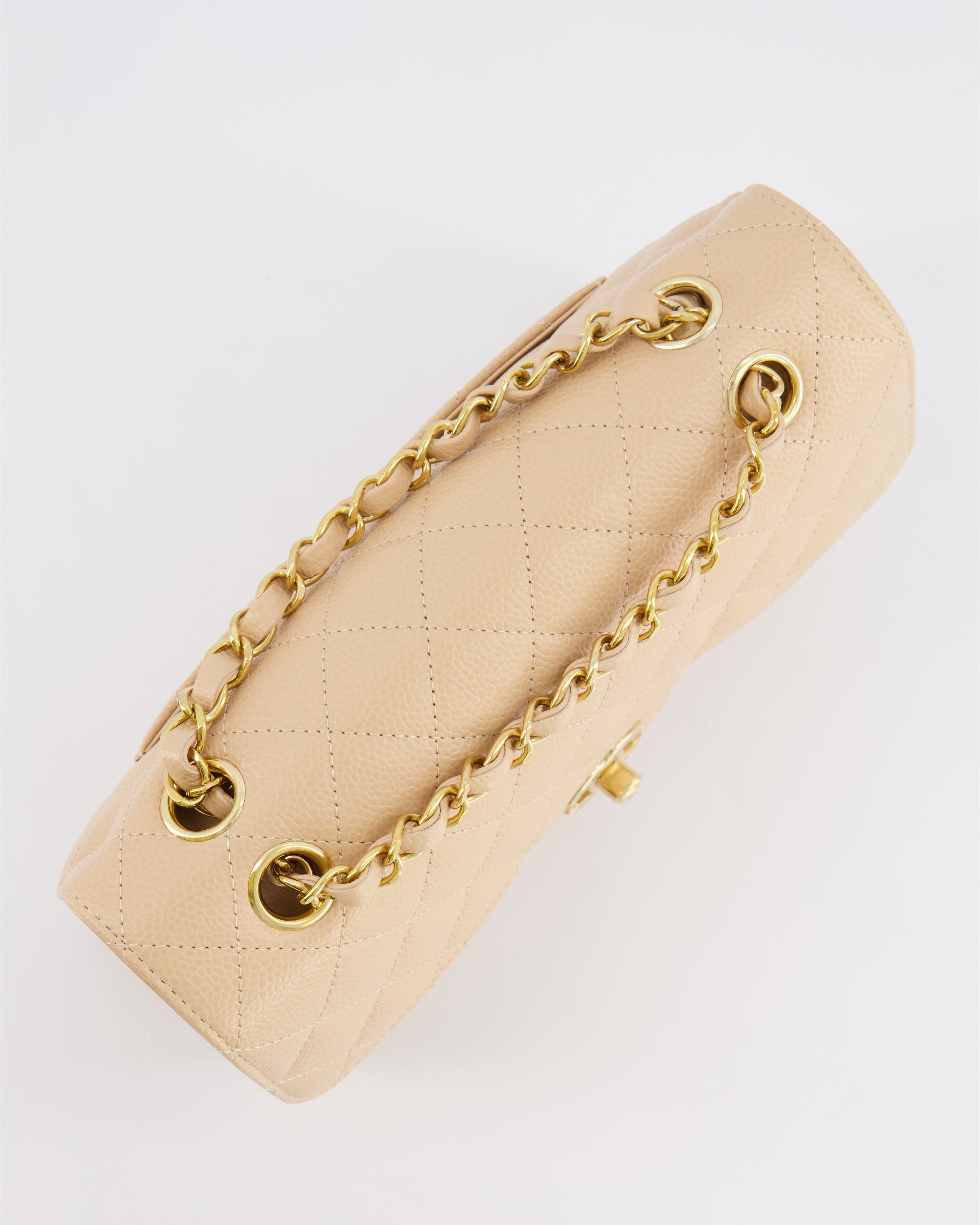 Chanel Small Classic Double Flap Bag in Beige Caviar Leather with Champagne Gold Hardware