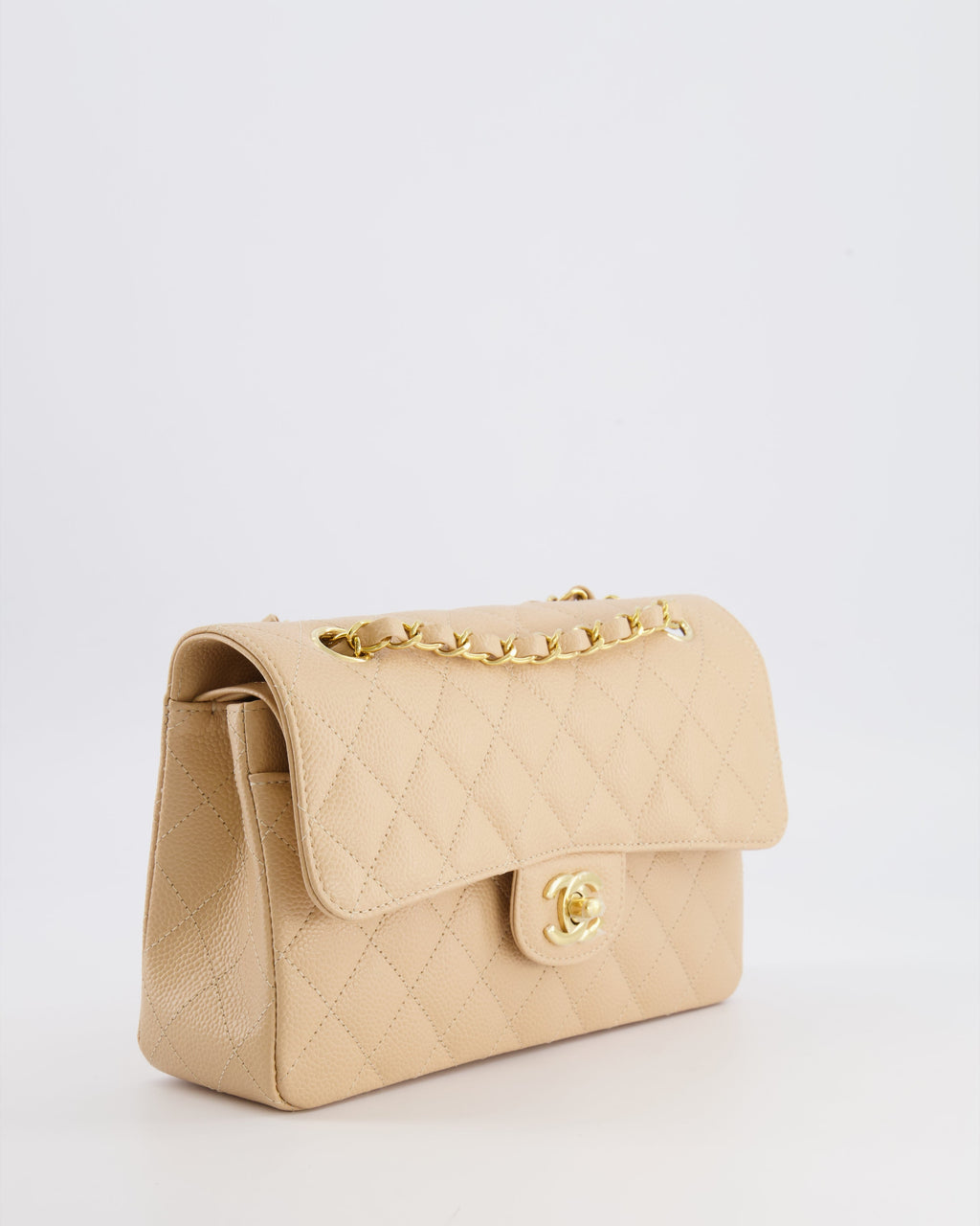 Chanel Small Classic Double Flap Bag in Beige Caviar Leather with Champagne Gold Hardware