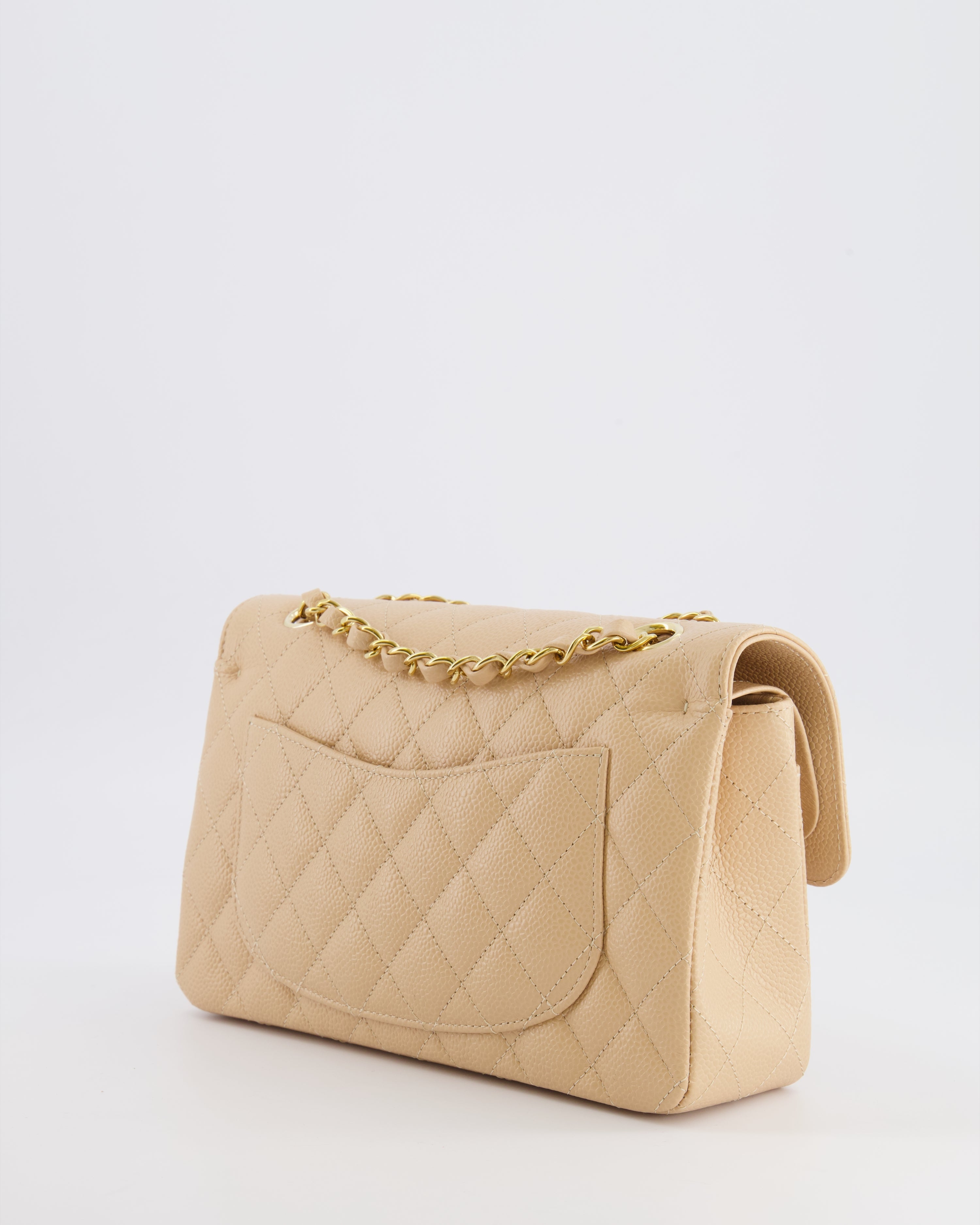 Chanel Small Classic Double Flap Bag in Beige Caviar Leather with Champagne Gold Hardware