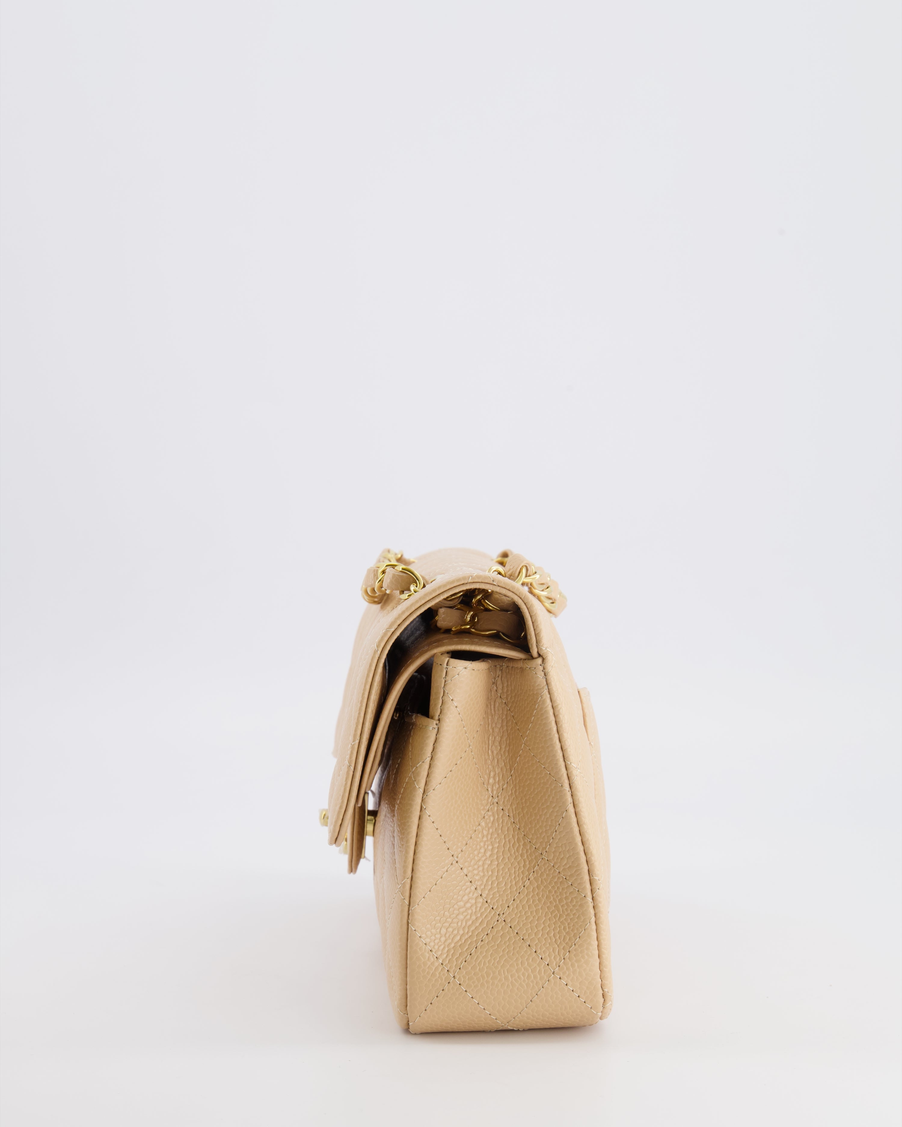 Chanel Small Classic Double Flap Bag in Beige Caviar Leather with Champagne Gold Hardware