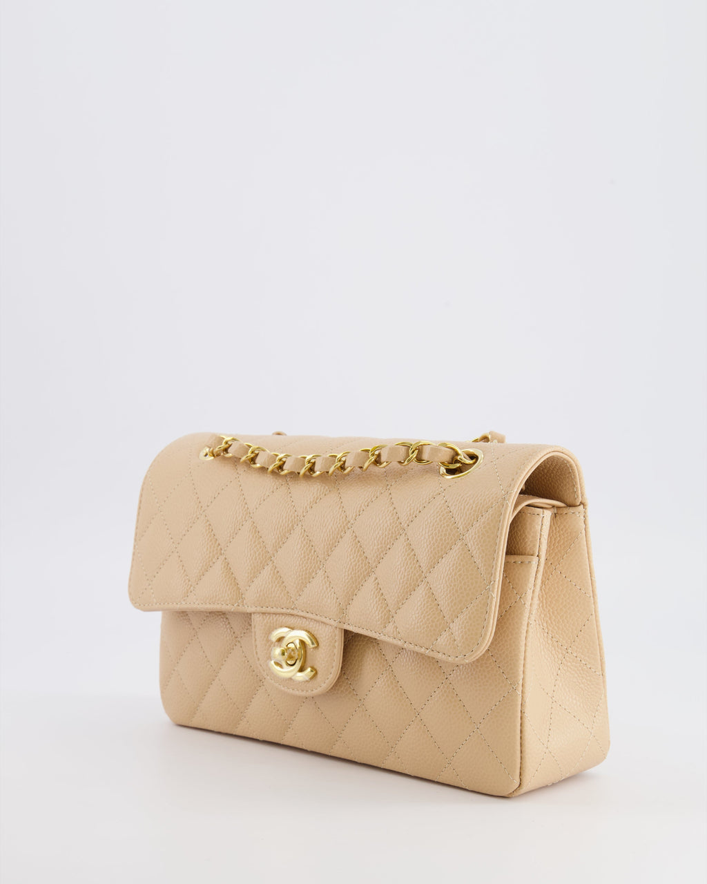 Chanel Small Classic Double Flap Bag in Beige Caviar Leather with Champagne Gold Hardware