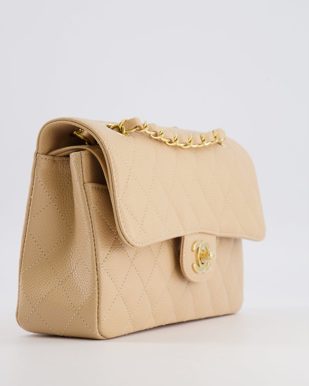Chanel Small Classic Double Flap Bag in Beige Caviar Leather with Champagne Gold Hardware