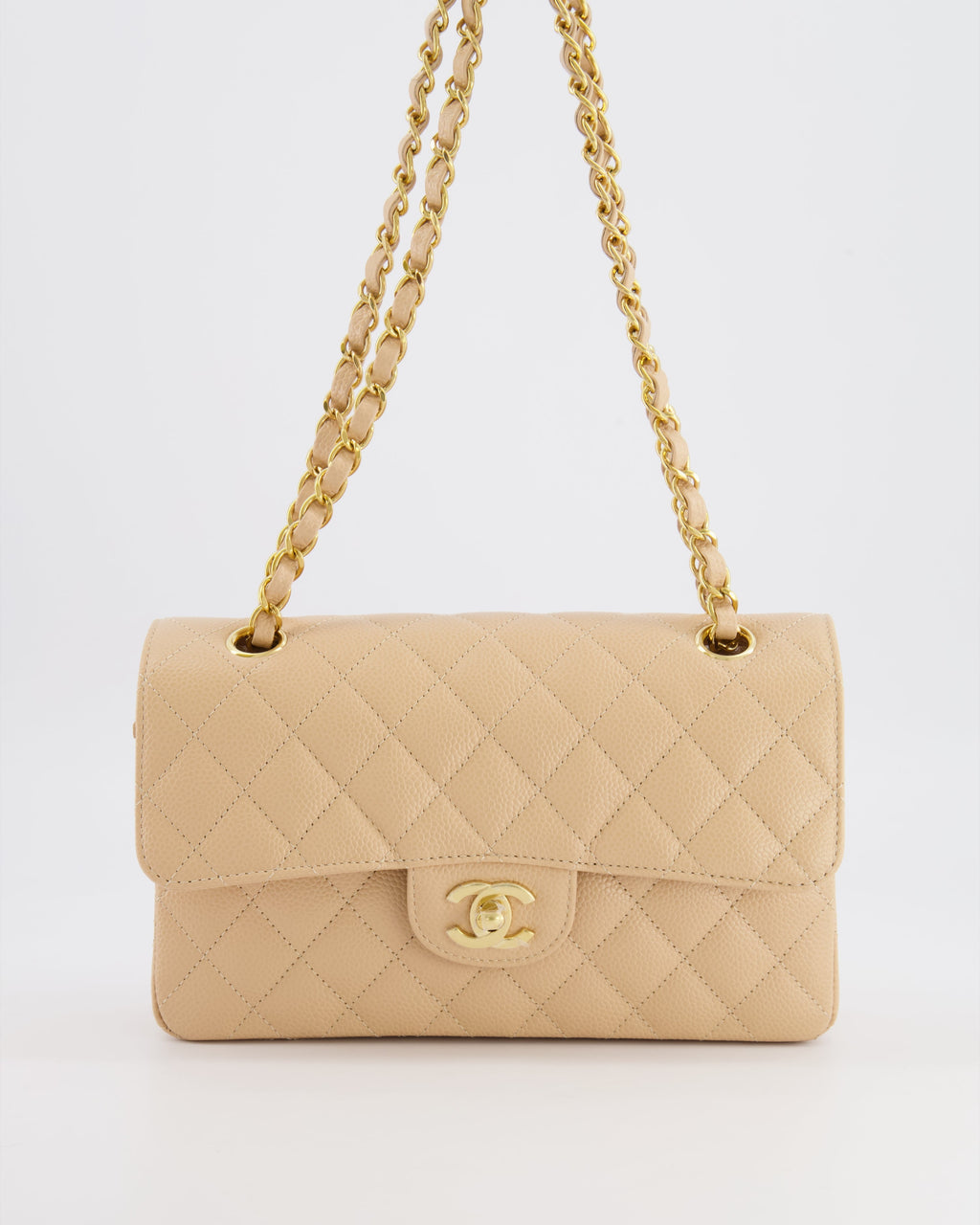 Chanel Small Classic Double Flap Bag in Beige Caviar Leather with Champagne Gold Hardware