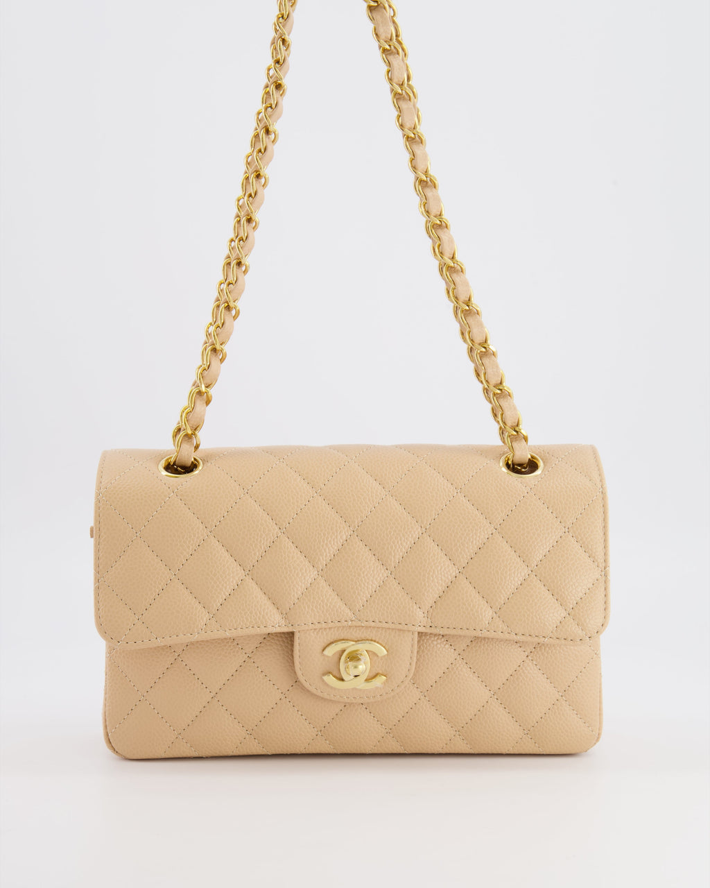 Chanel Small Classic Double Flap Bag in Beige Caviar Leather with Champagne Gold Hardware