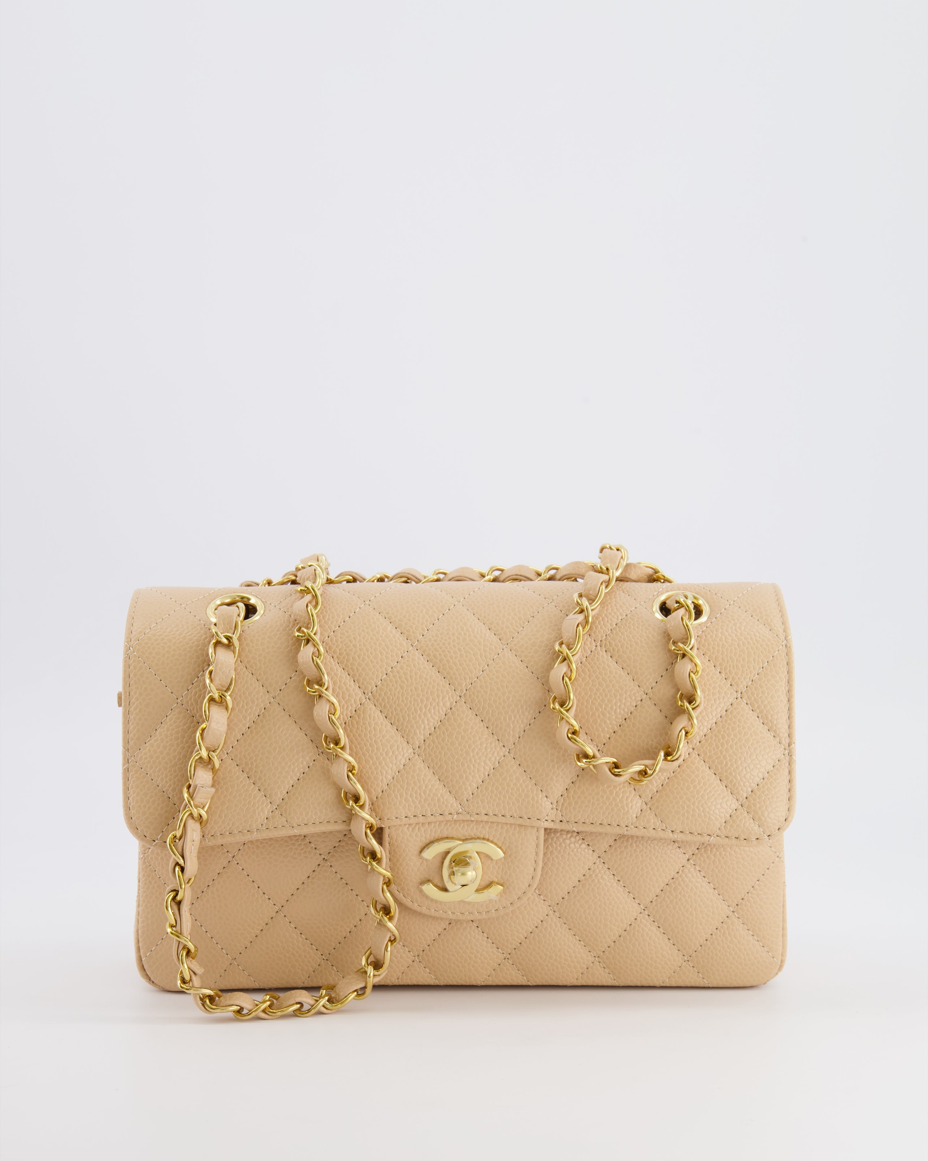 Chanel Small Classic Double Flap Bag in Beige Caviar Leather with Champagne Gold Hardware