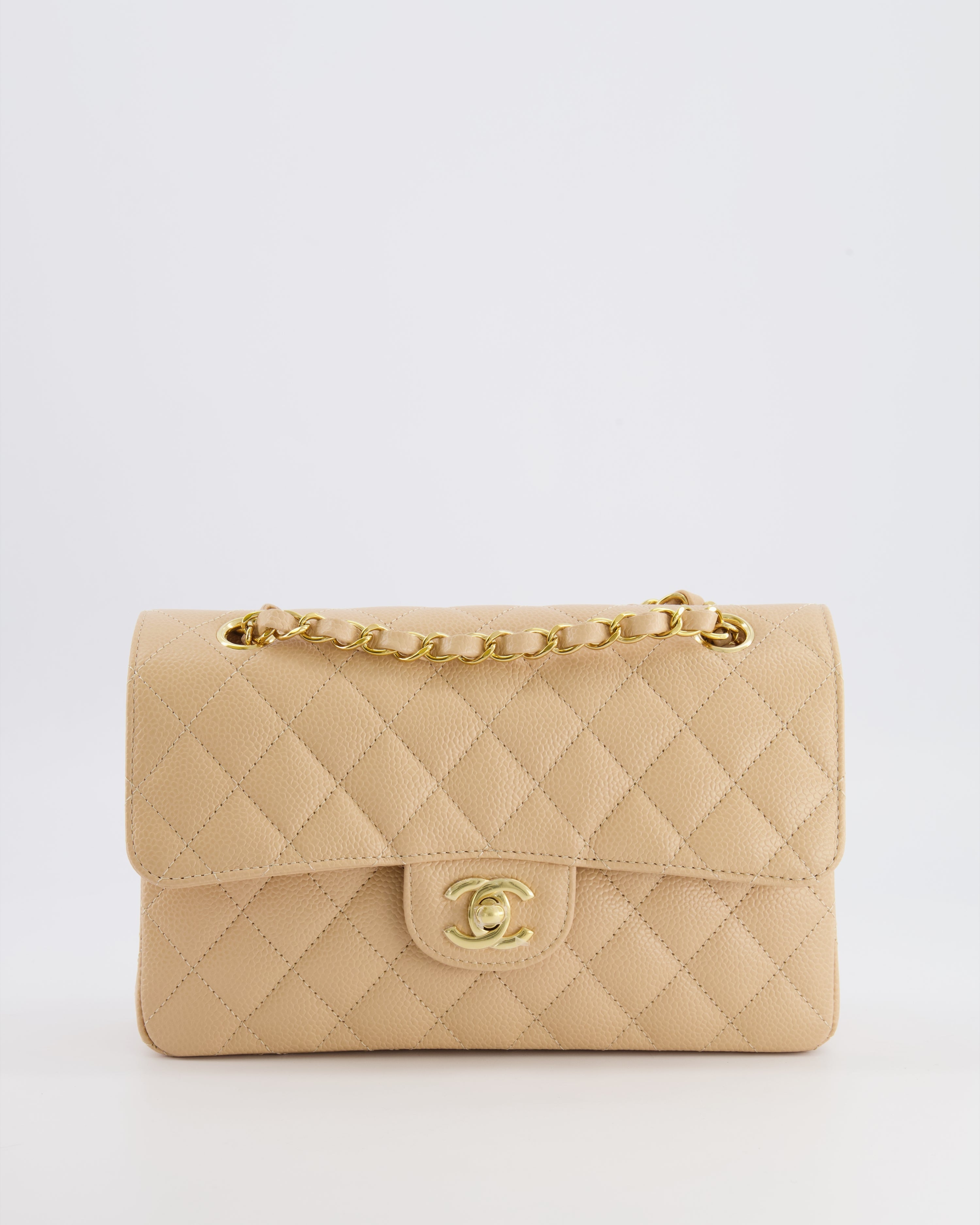 Chanel Small Classic Double Flap Bag in Beige Caviar Leather with Champagne Gold Hardware
