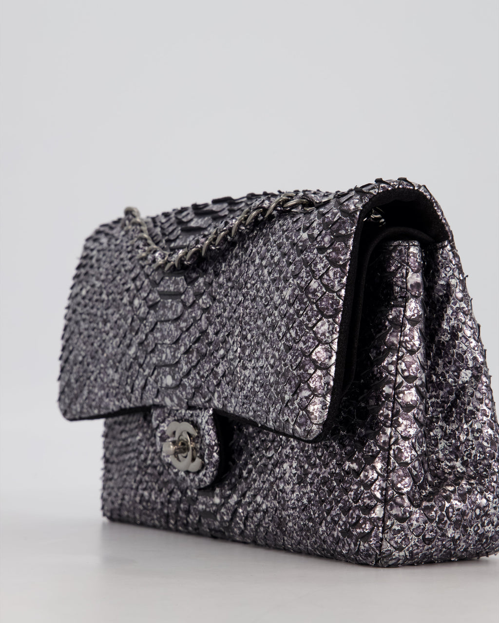 *RARE* Chanel Medium Double Flap Bag in Metallic Silver Python Leather with Gunmetal Hardware