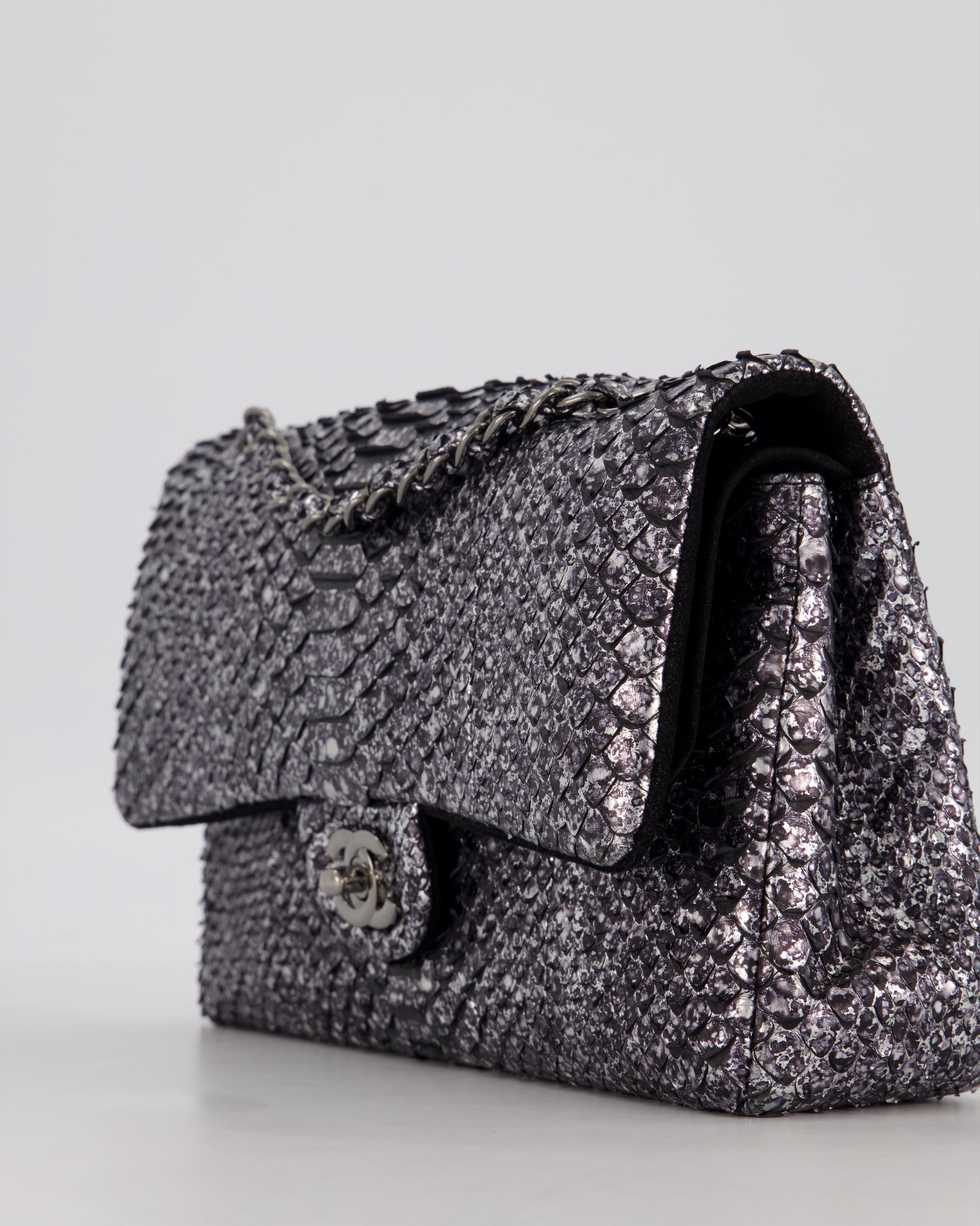 *RARE* Chanel Medium Double Flap Bag in Metallic Silver Python Leather with Gunmetal Hardware