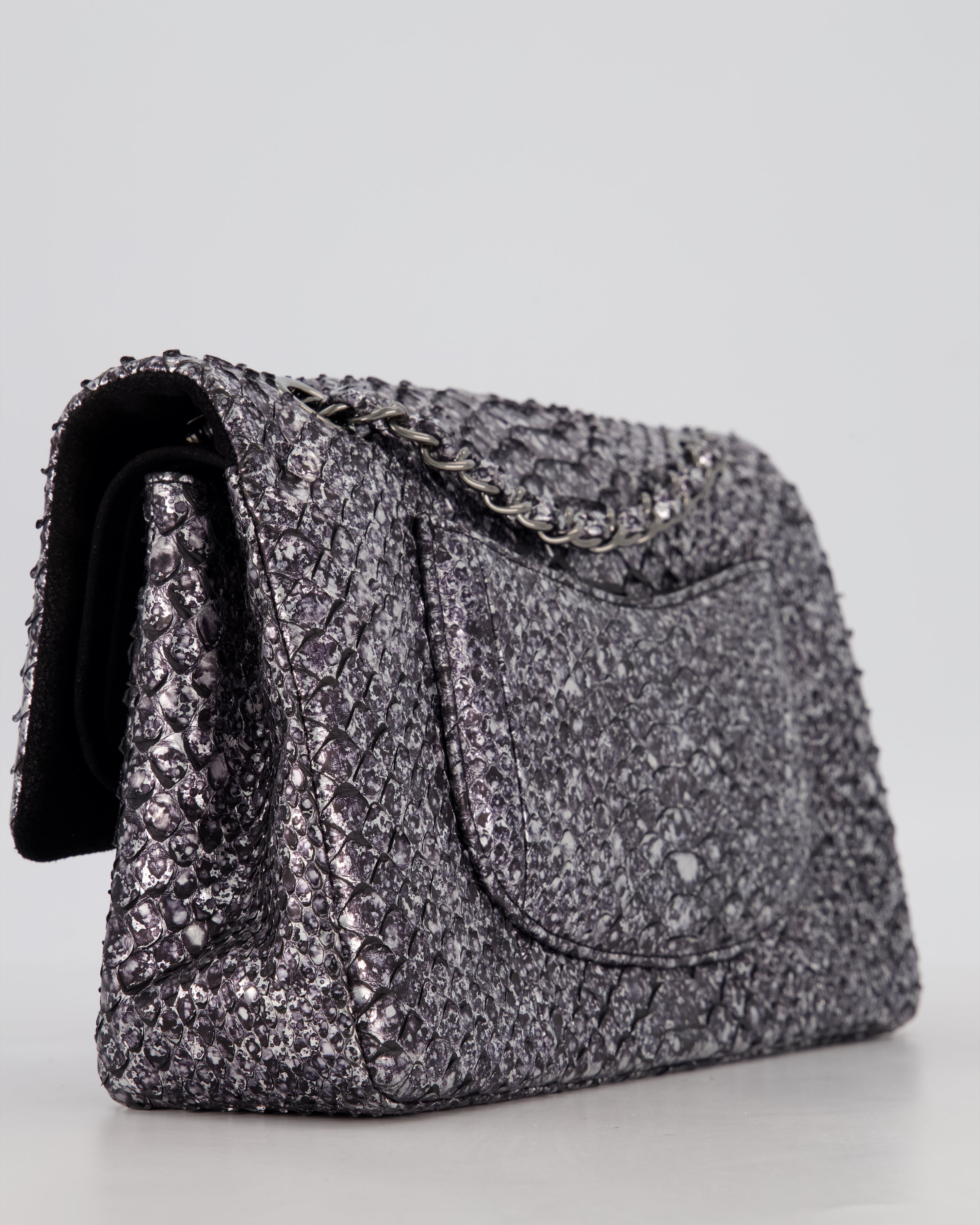 *RARE* Chanel Medium Double Flap Bag in Metallic Silver Python Leather with Gunmetal Hardware