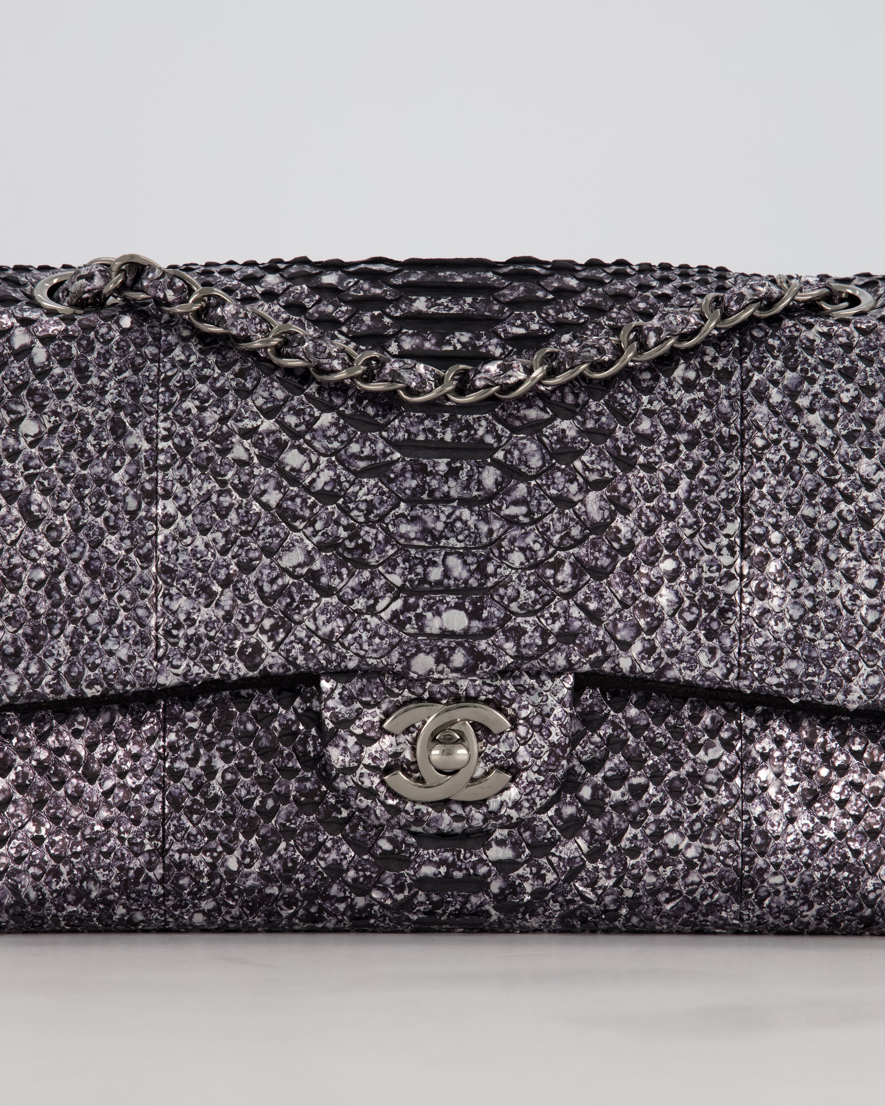 *RARE* Chanel Medium Double Flap Bag in Metallic Silver Python Leather with Gunmetal Hardware