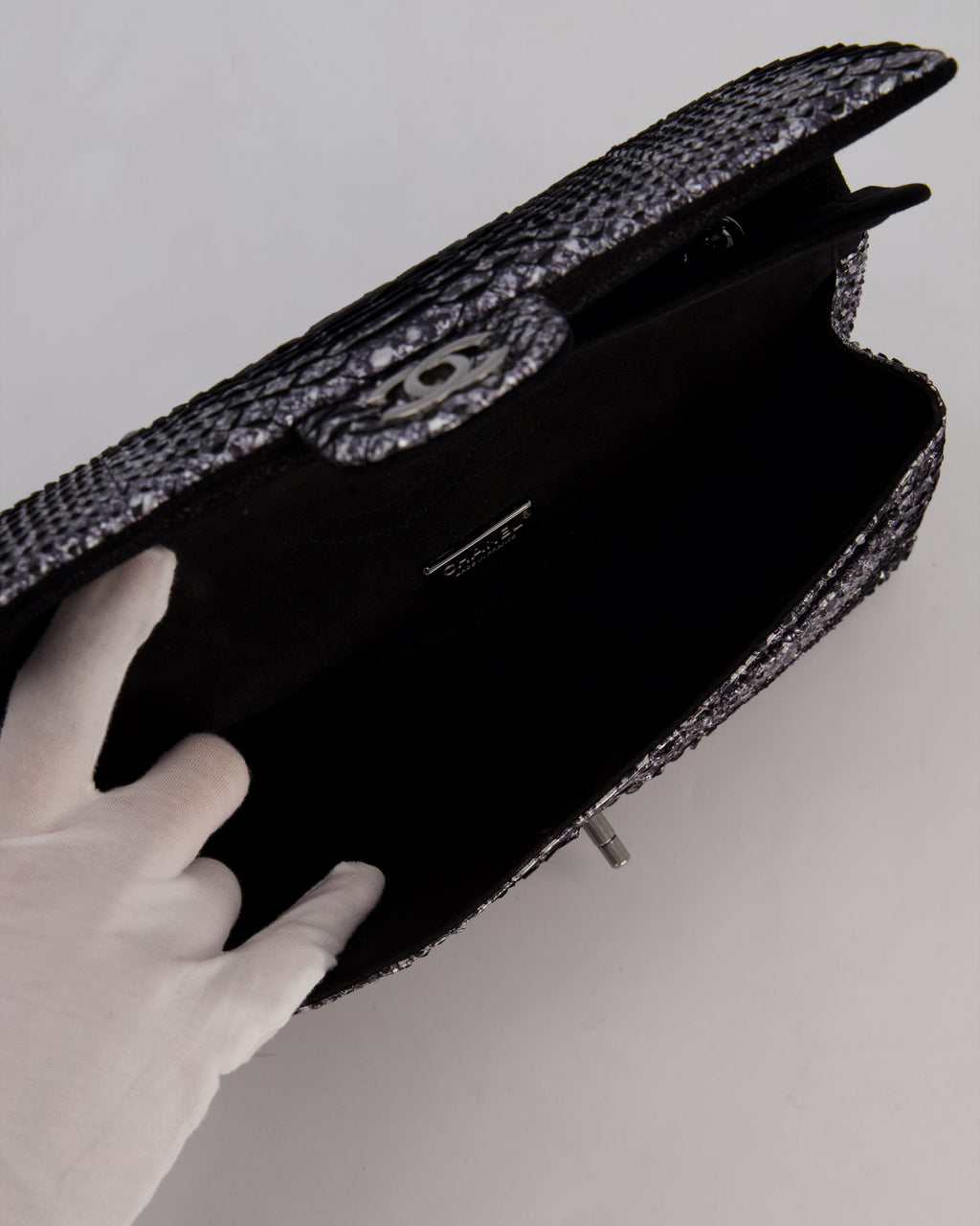 *RARE* Chanel Medium Double Flap Bag in Metallic Silver Python Leather with Gunmetal Hardware