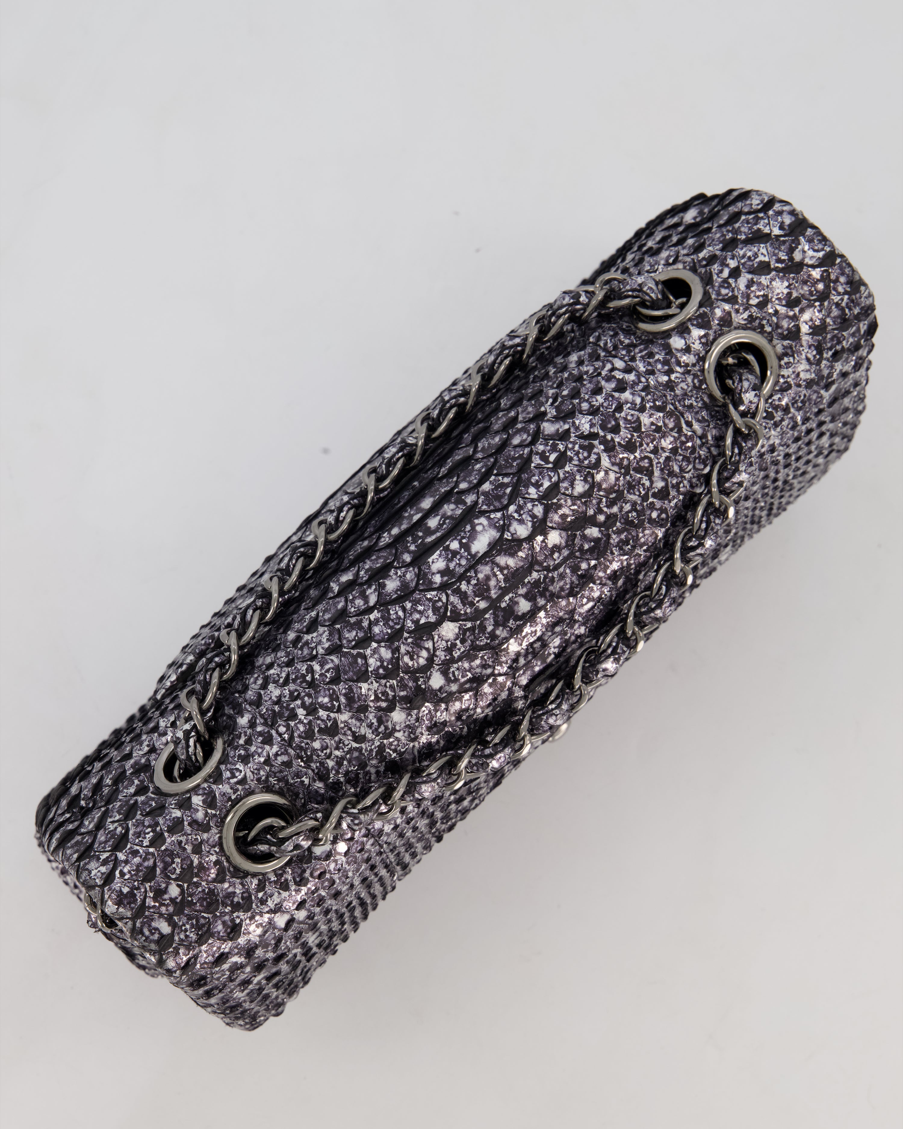 *RARE* Chanel Medium Double Flap Bag in Metallic Silver Python Leather with Gunmetal Hardware