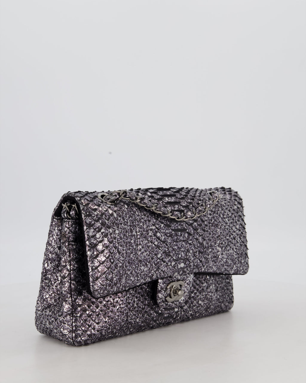 *RARE* Chanel Medium Double Flap Bag in Metallic Silver Python Leather with Gunmetal Hardware