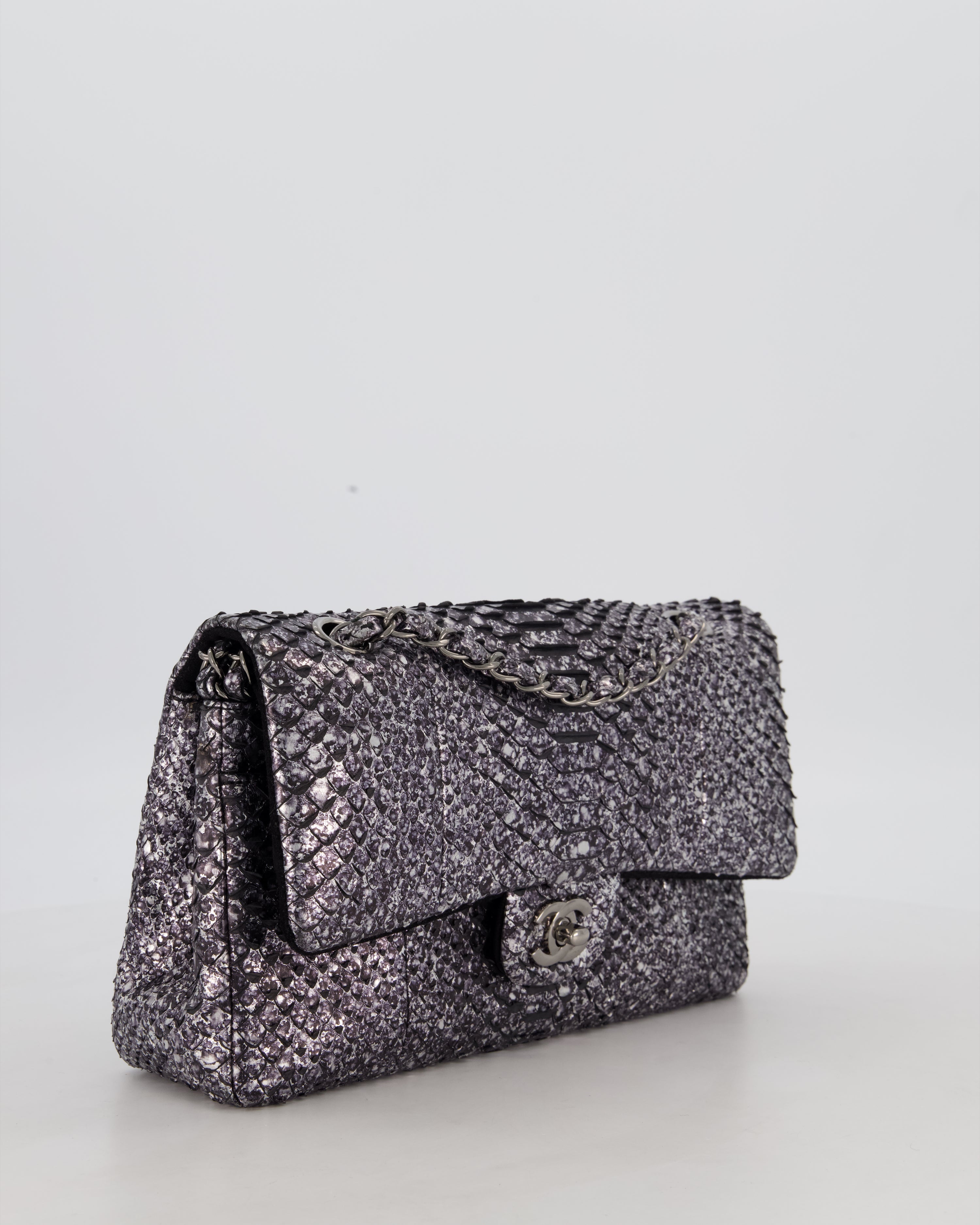 *RARE* Chanel Medium Double Flap Bag in Metallic Silver Python Leather with Gunmetal Hardware