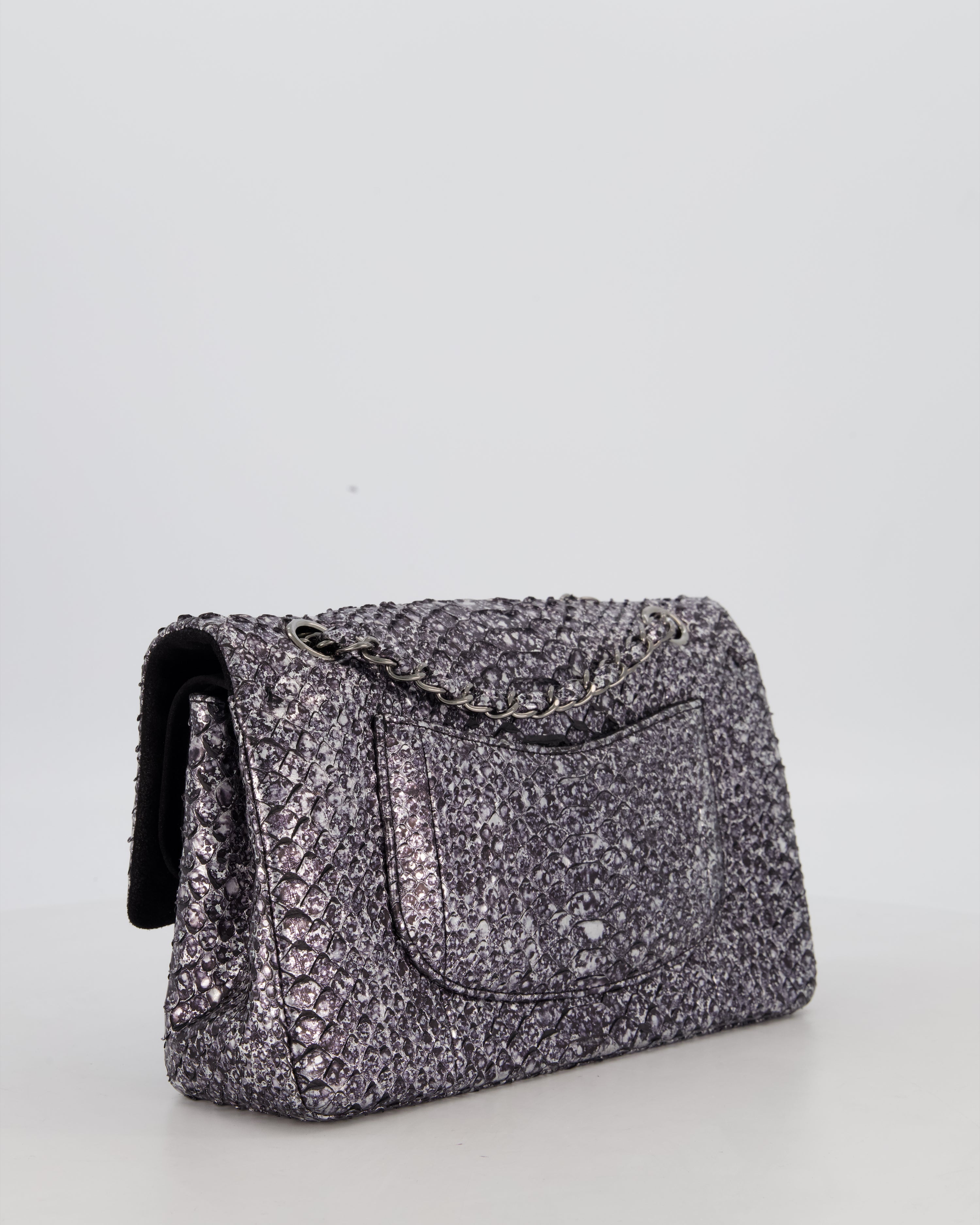 *RARE* Chanel Medium Double Flap Bag in Metallic Silver Python Leather with Gunmetal Hardware