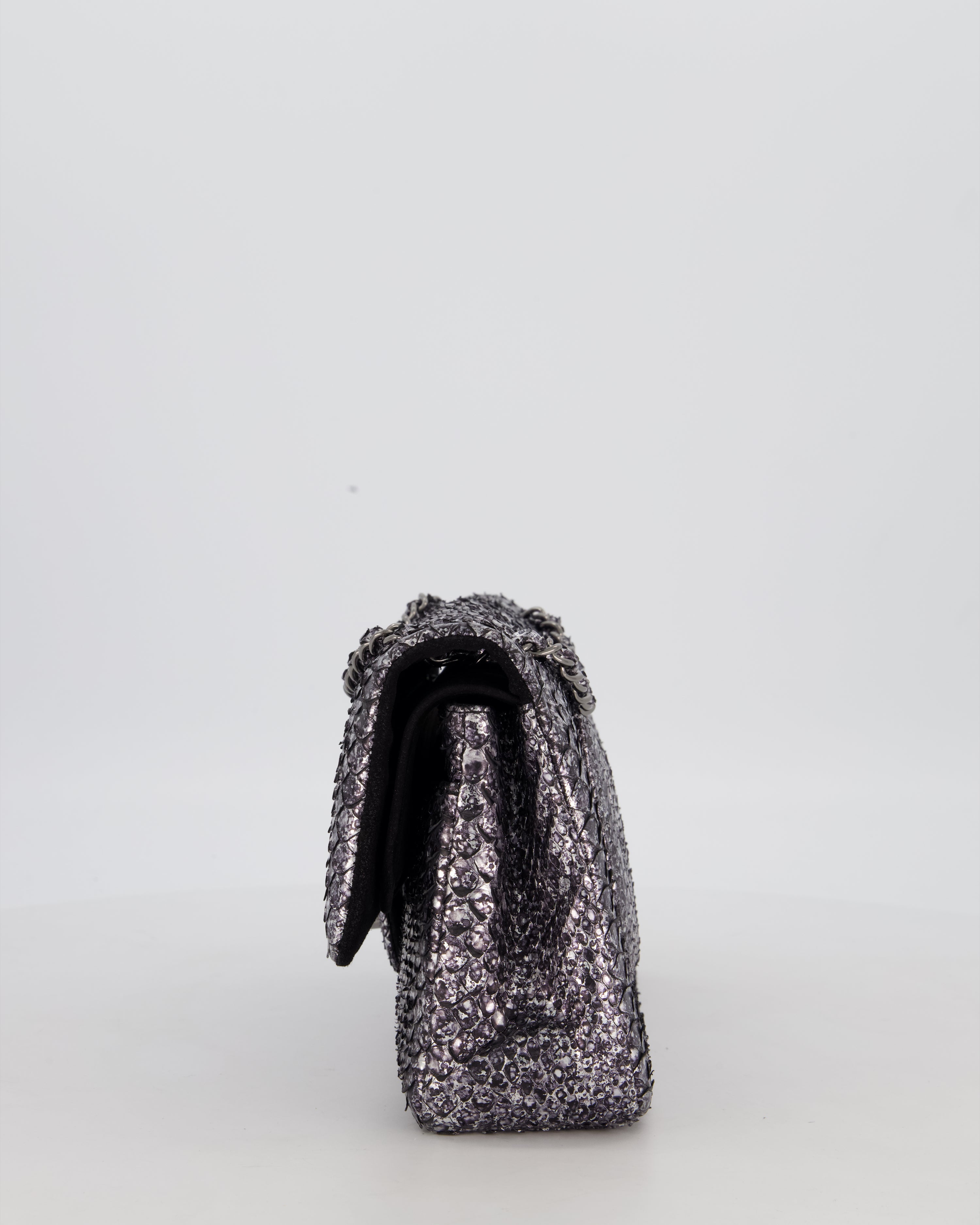 *RARE* Chanel Medium Double Flap Bag in Metallic Silver Python Leather with Gunmetal Hardware