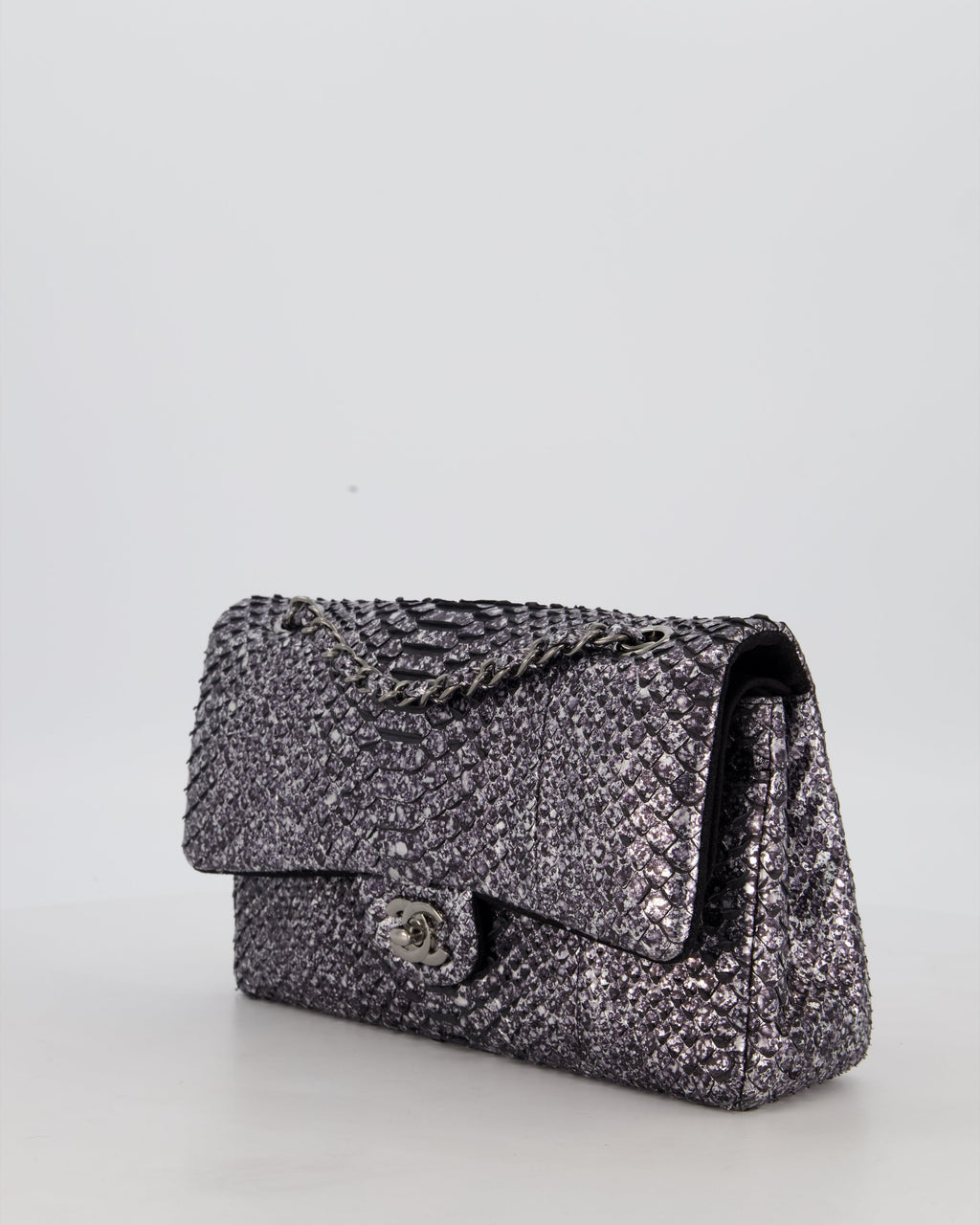 *RARE* Chanel Medium Double Flap Bag in Metallic Silver Python Leather with Gunmetal Hardware