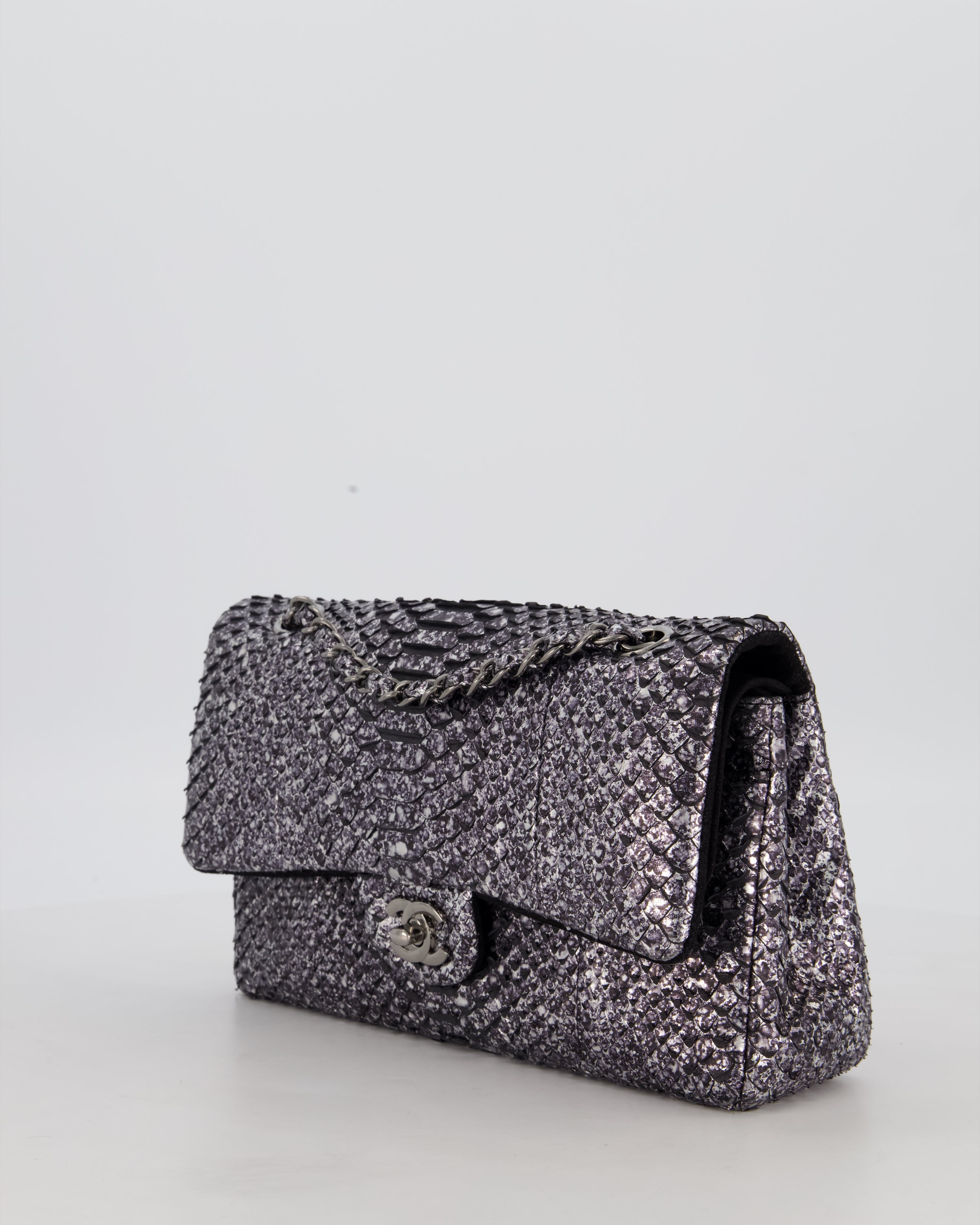 *RARE* Chanel Medium Double Flap Bag in Metallic Silver Python Leather with Gunmetal Hardware