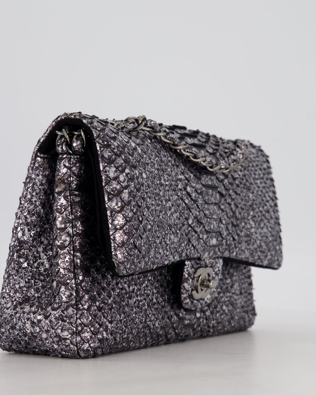 *RARE* Chanel Medium Double Flap Bag in Metallic Silver Python Leather with Gunmetal Hardware