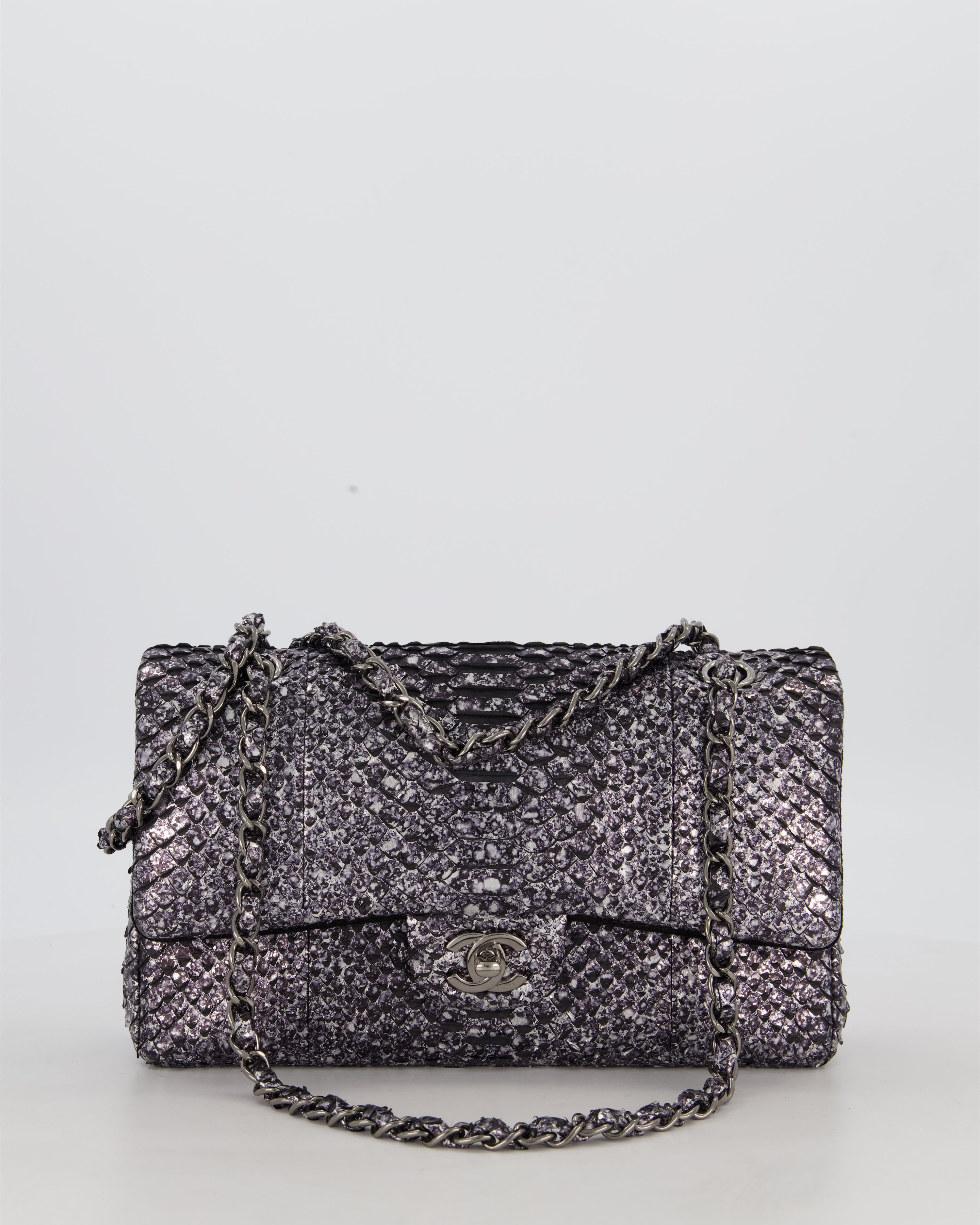 *RARE* Chanel Medium Double Flap Bag in Metallic Silver Python Leather with Gunmetal Hardware