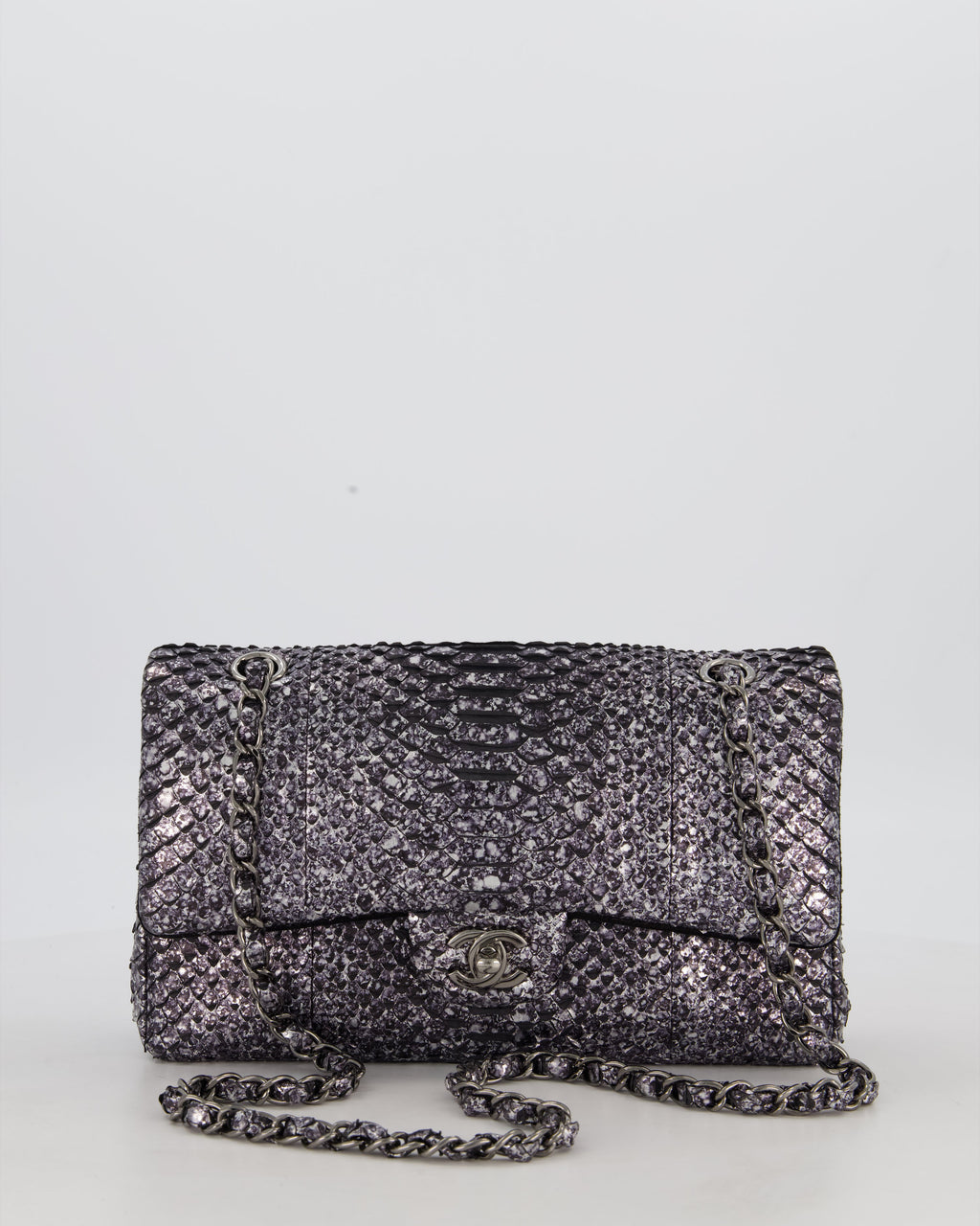 *RARE* Chanel Medium Double Flap Bag in Metallic Silver Python Leather with Gunmetal Hardware