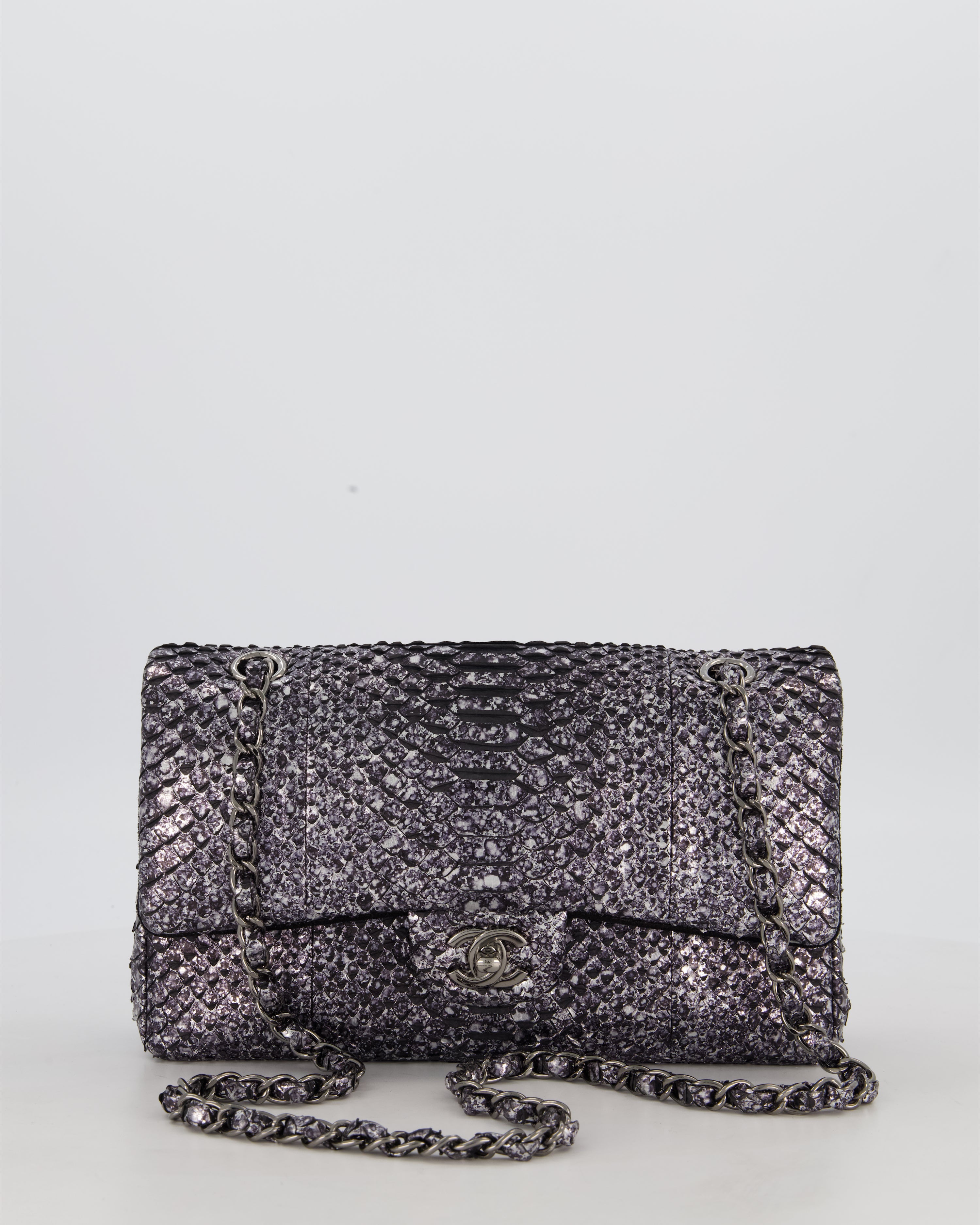 *RARE* Chanel Medium Double Flap Bag in Metallic Silver Python Leather with Gunmetal Hardware
