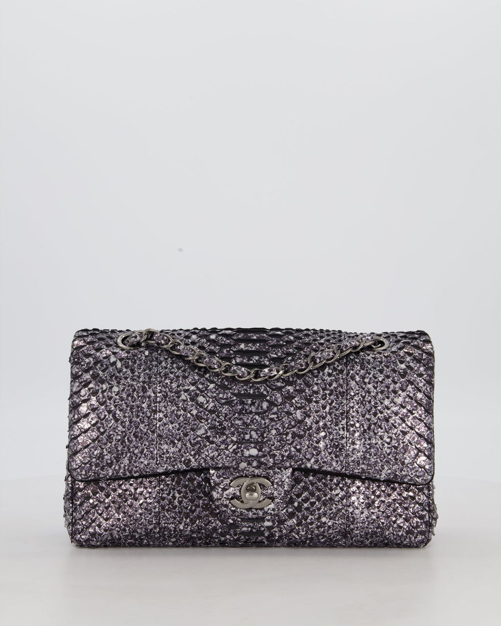 *RARE* Chanel Medium Double Flap Bag in Metallic Silver Python Leather with Gunmetal Hardware